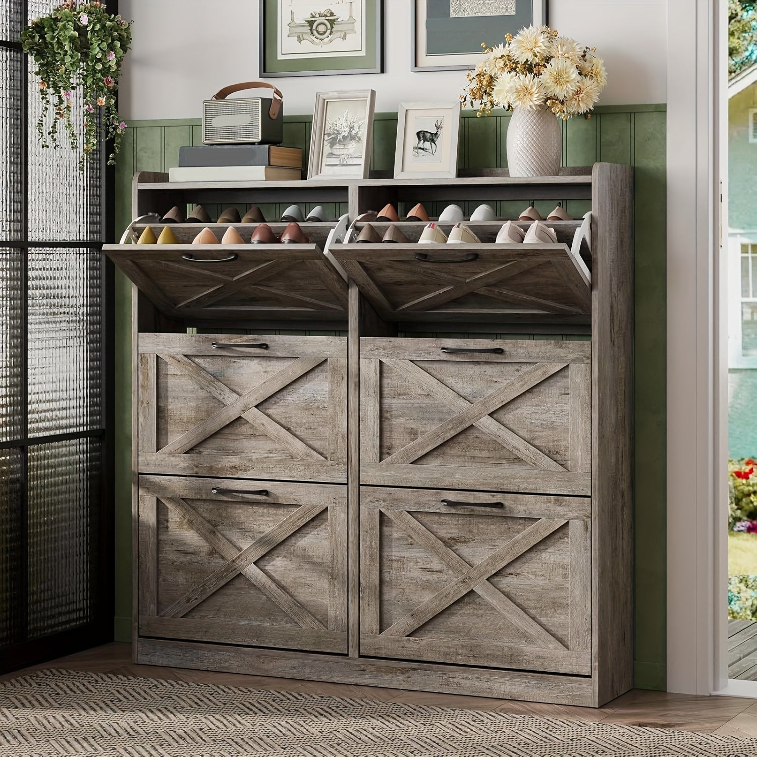 Washed Gray Shoe Storage Cabinet With 6 Flip Drawers - Narrow Freestanding Shoe Cabinet And Shoe Storage Organizer With Metal Handles For Entryway, Large Shoe Rack Organizer, Modern Farmhouse Shoe Rack, Ideal For Shoe Racks