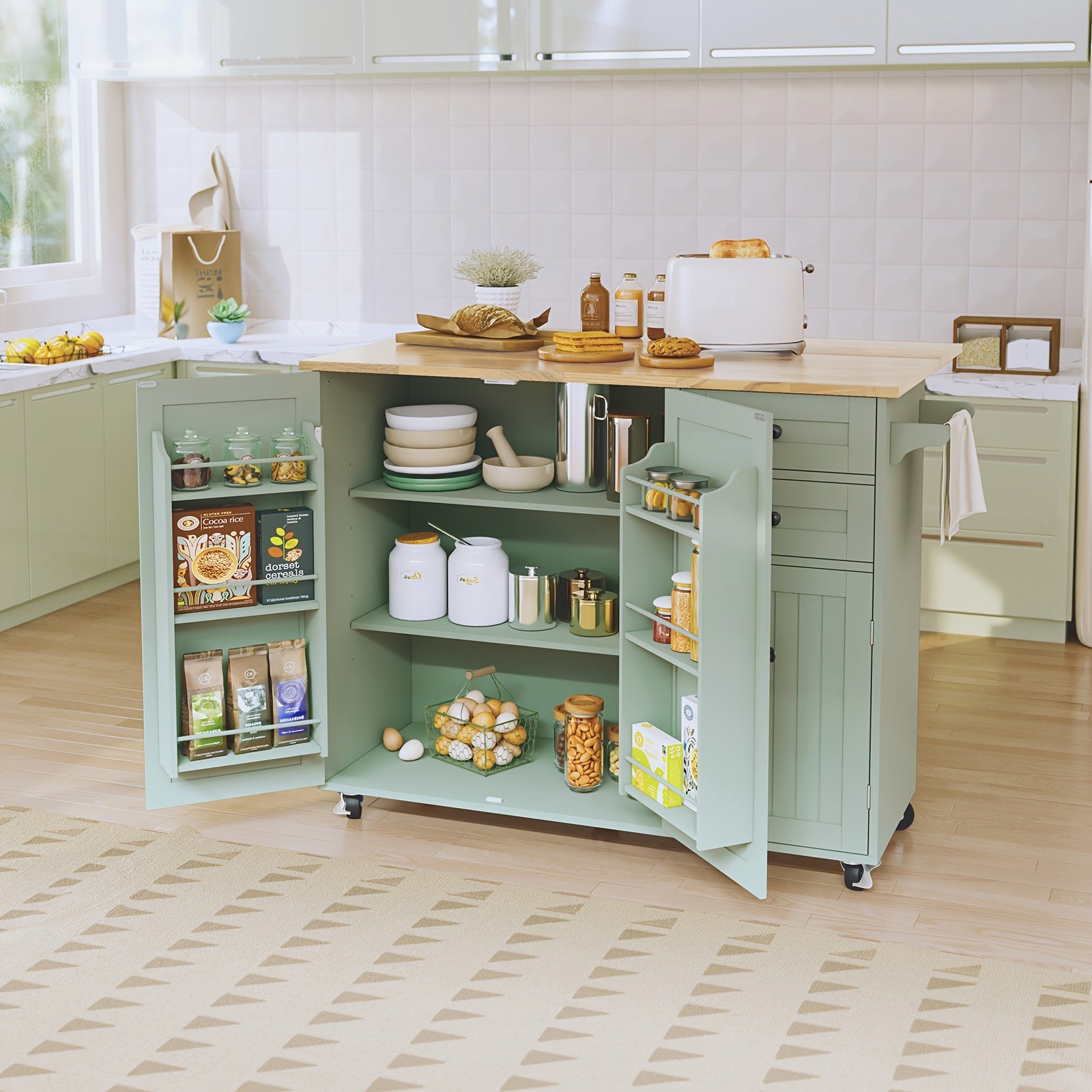 Modern Mobile Kitchen Island Cart with Extendable Drop Leaf Breakfast Bar, Locking Wheels, Storage Cabinet, Drawer & Open Shelves - Heavy-Duty Rolling Kitchen Cabinet with Spice Rack, Towel Rack - Space-Saving Design for Small Kitchens, Apartments, Dining