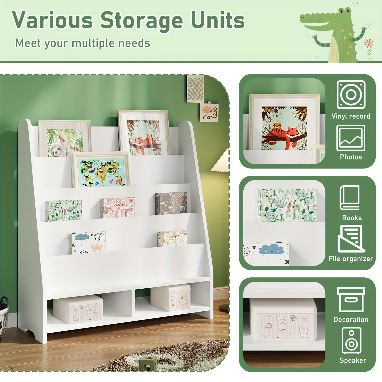 A Six-Tier Wooden Bookshelf with Storage Cabinets, Suitable for Displaying Toys And Books in Rooms, Nurseries, Playrooms, And Classrooms, in White., Classroom Storage | Minimalist Bookshelf | Metal Construction