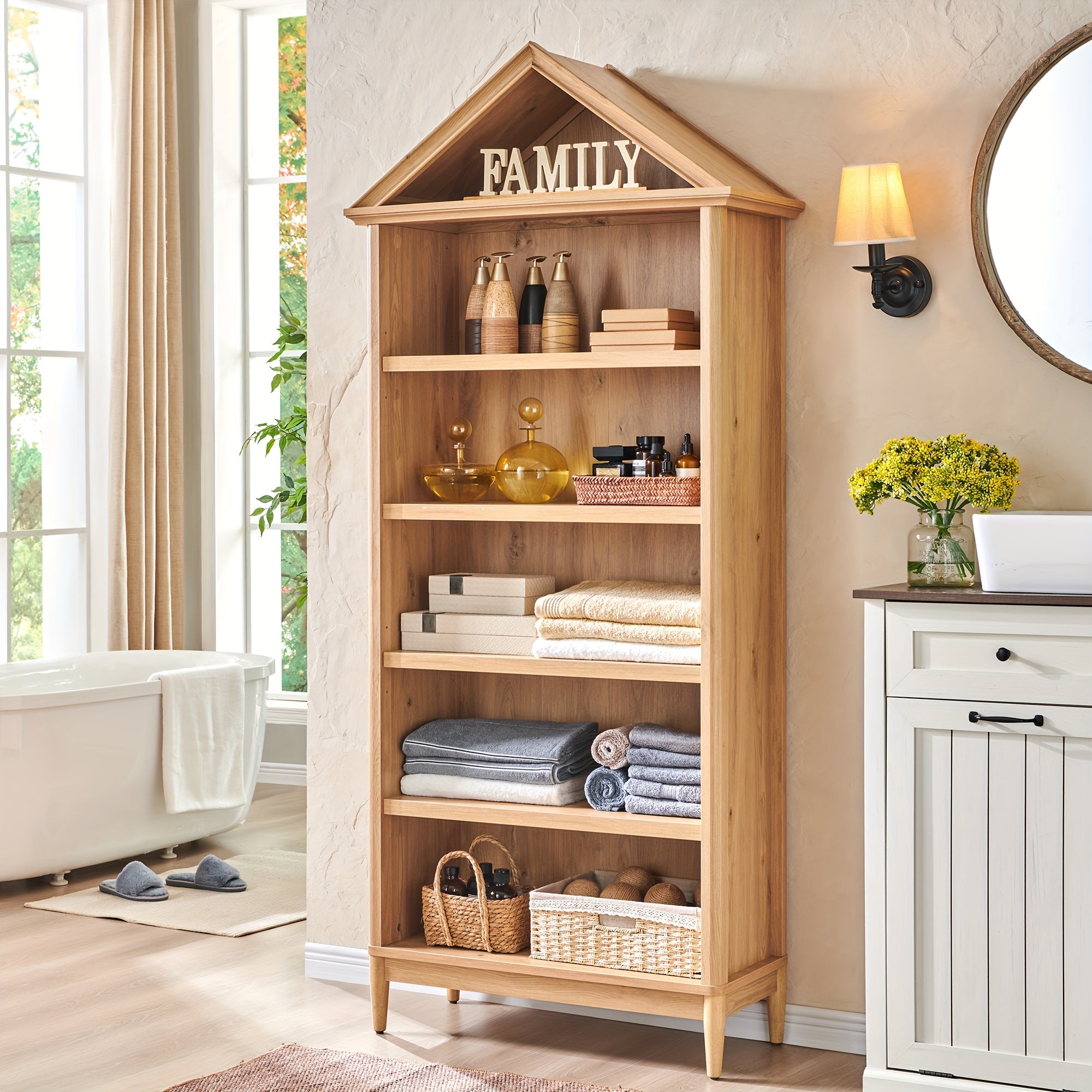 Modern Geometric Bookshelf Modern Geometric 75.9-Inch Tall Slanted Arch Bookshelf | Adjustable Shelves, Triangular Top Wooden Bookcase with Open Display Shelf - Suitable for Living Room