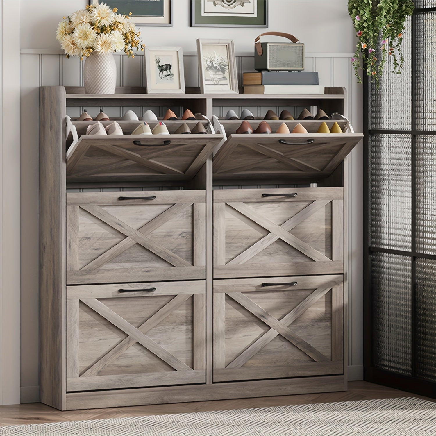 Washed Gray Shoe Storage Cabinet With 6 Flip Drawers - Narrow Freestanding Shoe Cabinet And Shoe Storage Organizer With Metal Handles For Entryway, Large Shoe Rack Organizer, Modern Farmhouse Shoe Rack, Ideal For Shoe Racks