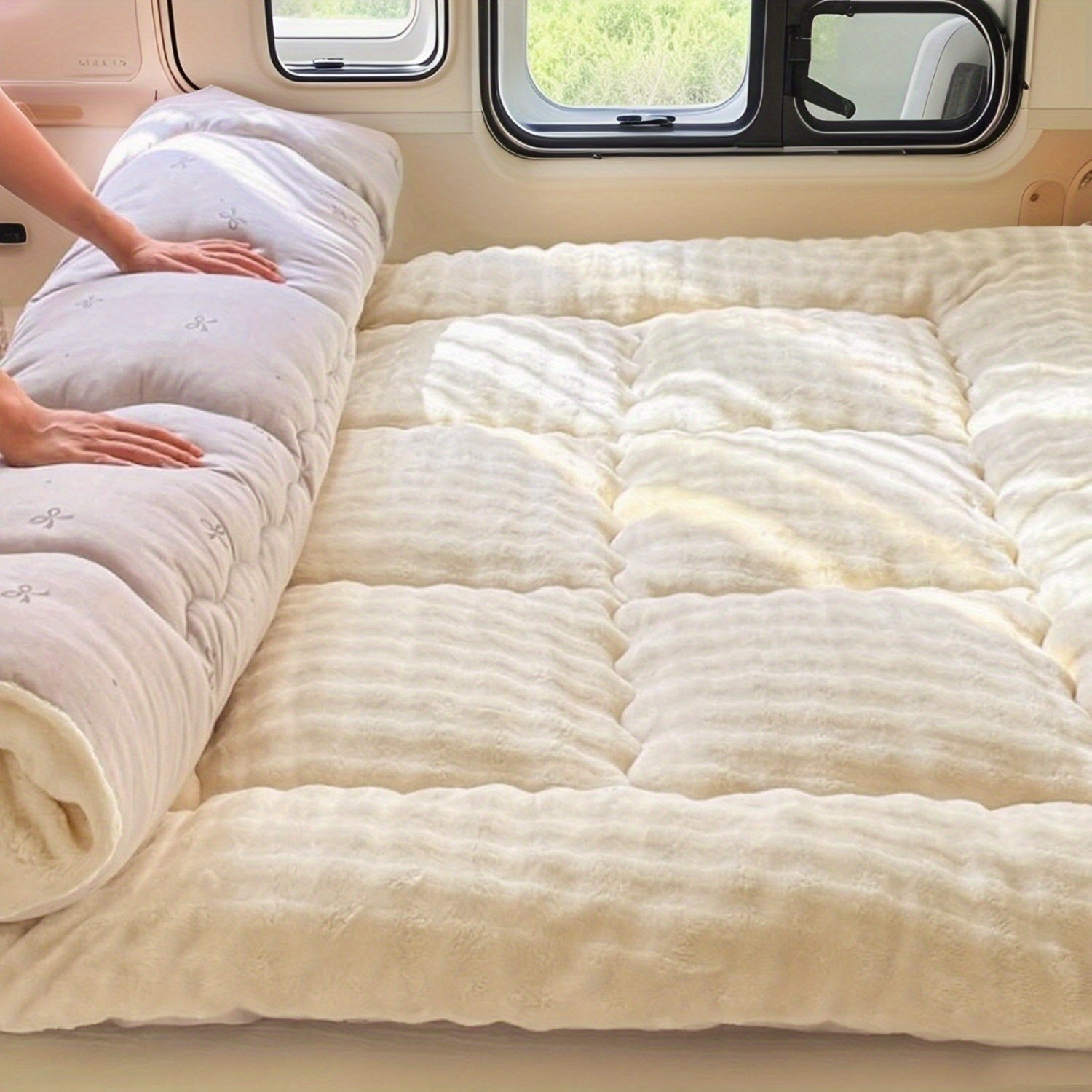 Japanese Floor Futon Mattress Full Size - 4 Sizes Portable Roll Up Tatami Mat, Thin Sleeping Pad for RV\u002F Camper, Thai Massage Bed & Travel, Rabbit Fur Soft Cover (Fits House\u002F Tiny Space)