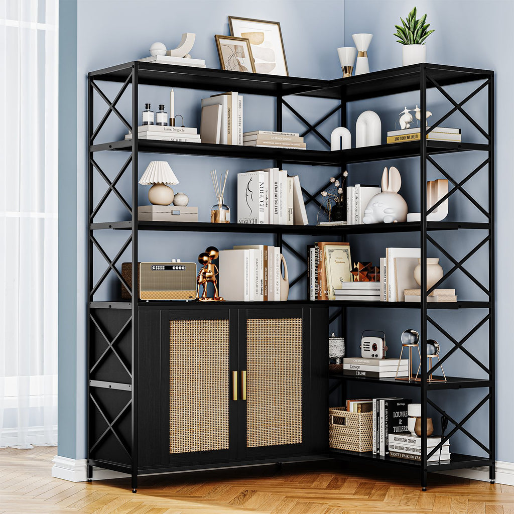 6-Shelf Corner Bookshelf, L-Shaped Space-Saving Bookcase with 2 Rattan Doors & Adjustable Shelves - Solid, Freestanding Corner Cabinet for Living Room, Bedroom, Home Office - Easy Assembly ( Wood Tone)