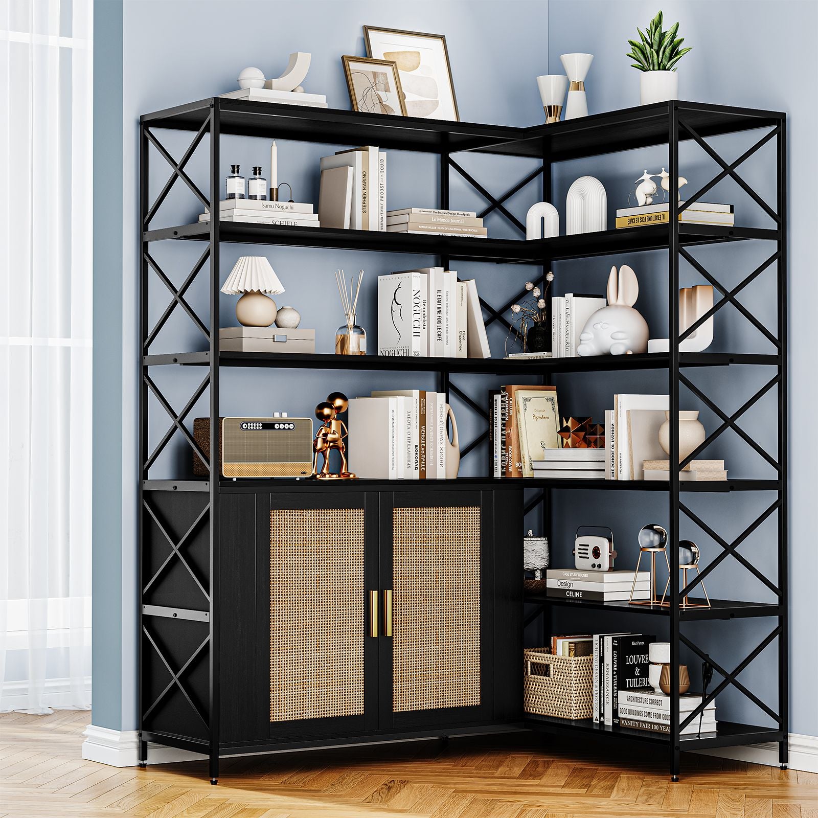 6-Shelf Corner Bookshelf, L-Shaped Space-Saving Bookcase with 2 Rattan Doors & Adjustable Shelves - Solid, Freestanding Corner Cabinet for Living Room, Bedroom, Home Office - Easy Assembly ( Wood Tone)