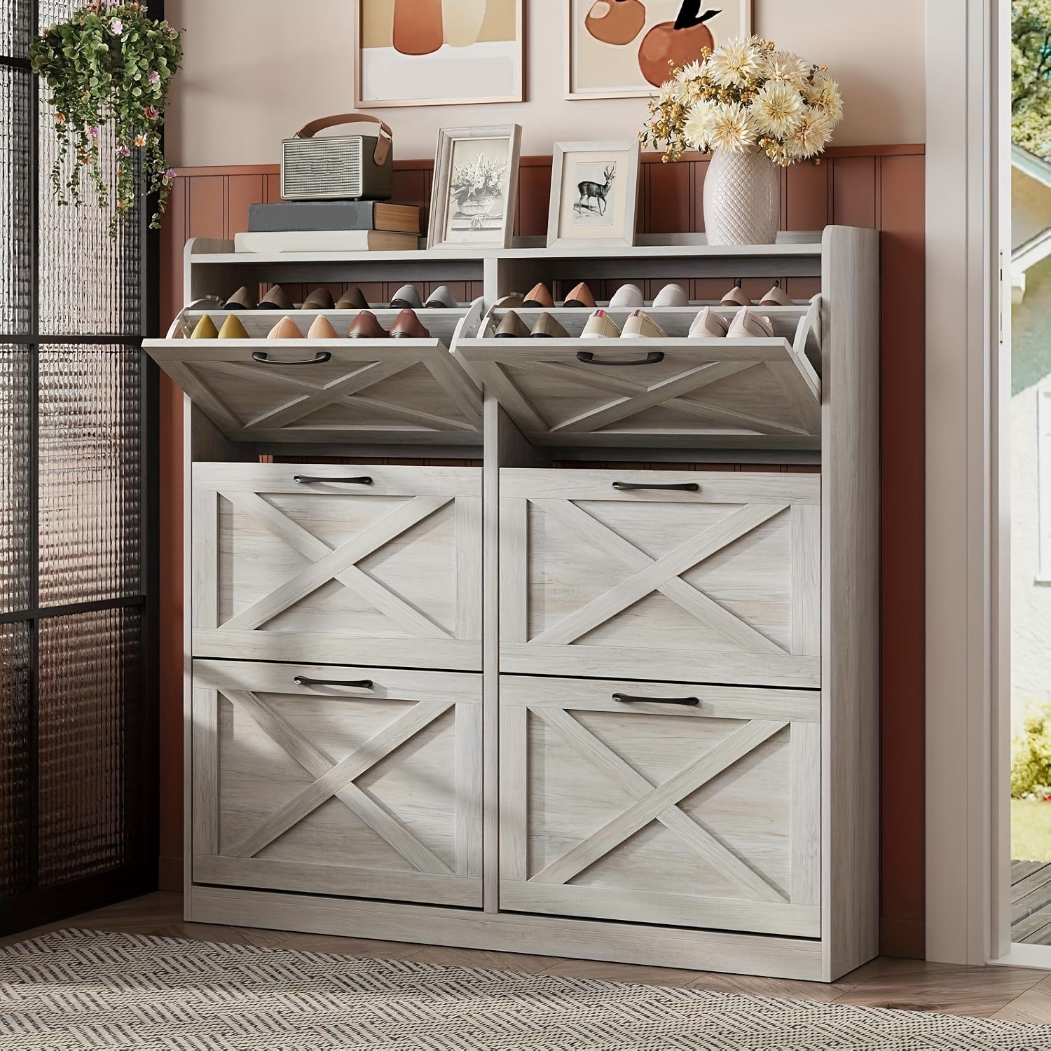 Washed Gray Shoe Storage Cabinet With 6 Flip Drawers - Narrow Freestanding Shoe Cabinet And Shoe Storage Organizer With Metal Handles For Entryway, Large Shoe Rack Organizer, Modern Farmhouse Shoe Rack, Ideal For Shoe Racks