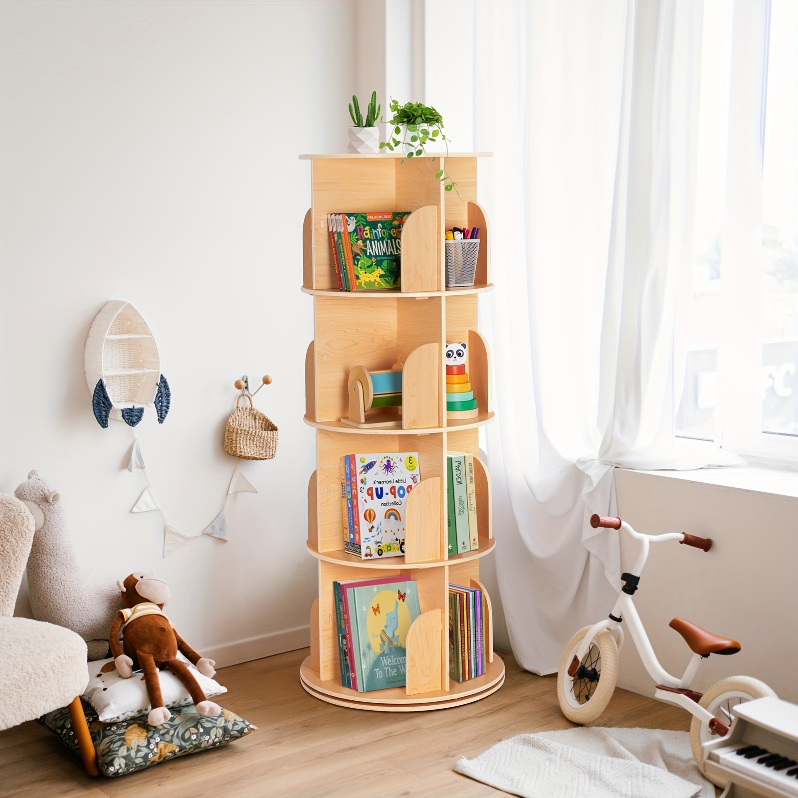 Kids Rotating Bookshelf Tower with 360° Spin, Large Floor-Standing Bookcase with Corner Shelf for Nursery, Room, Small Spaces - Easy Assembly, Wood Color, Plywood\u002FPine\u002FMDF, - Rounded Edges