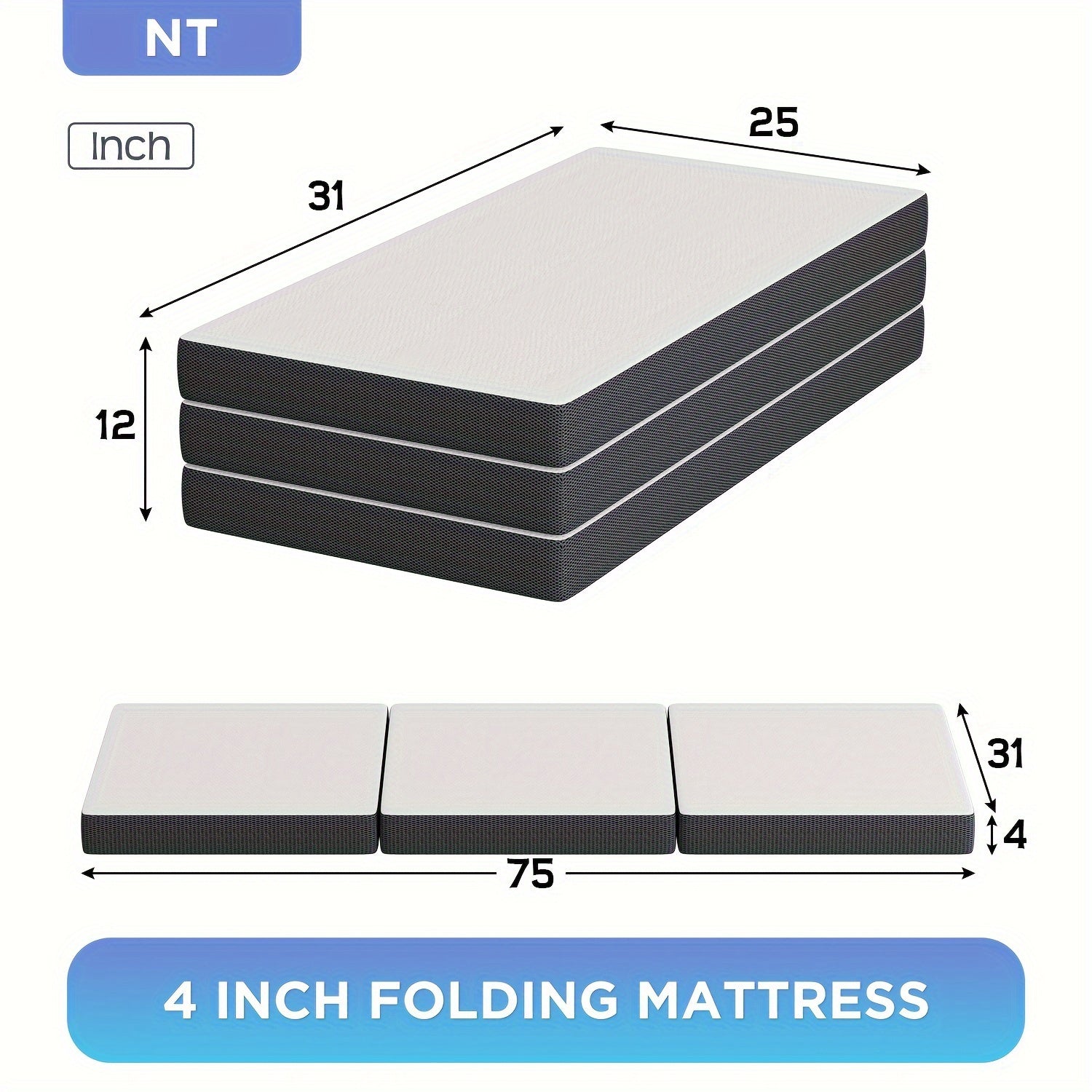 4 Inch Tri Fold Folding Mattress Memory Foam Mattress Topper Portable Foldable Mattress Topper For Camping, Guest, Floor RV, CertiPUR-US Certified, With Washable Cover, Easy Storage