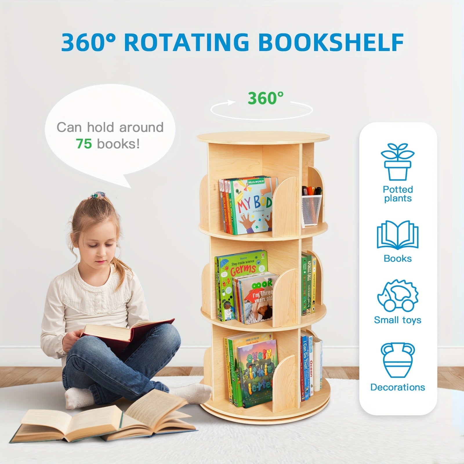 Kids Rotating Bookshelf Tower with 360° Spin, Large Floor-Standing Bookcase with Corner Shelf for Nursery, Room, Small Spaces - Easy Assembly, Wood Color, Plywood\u002FPine\u002FMDF, - Rounded Edges