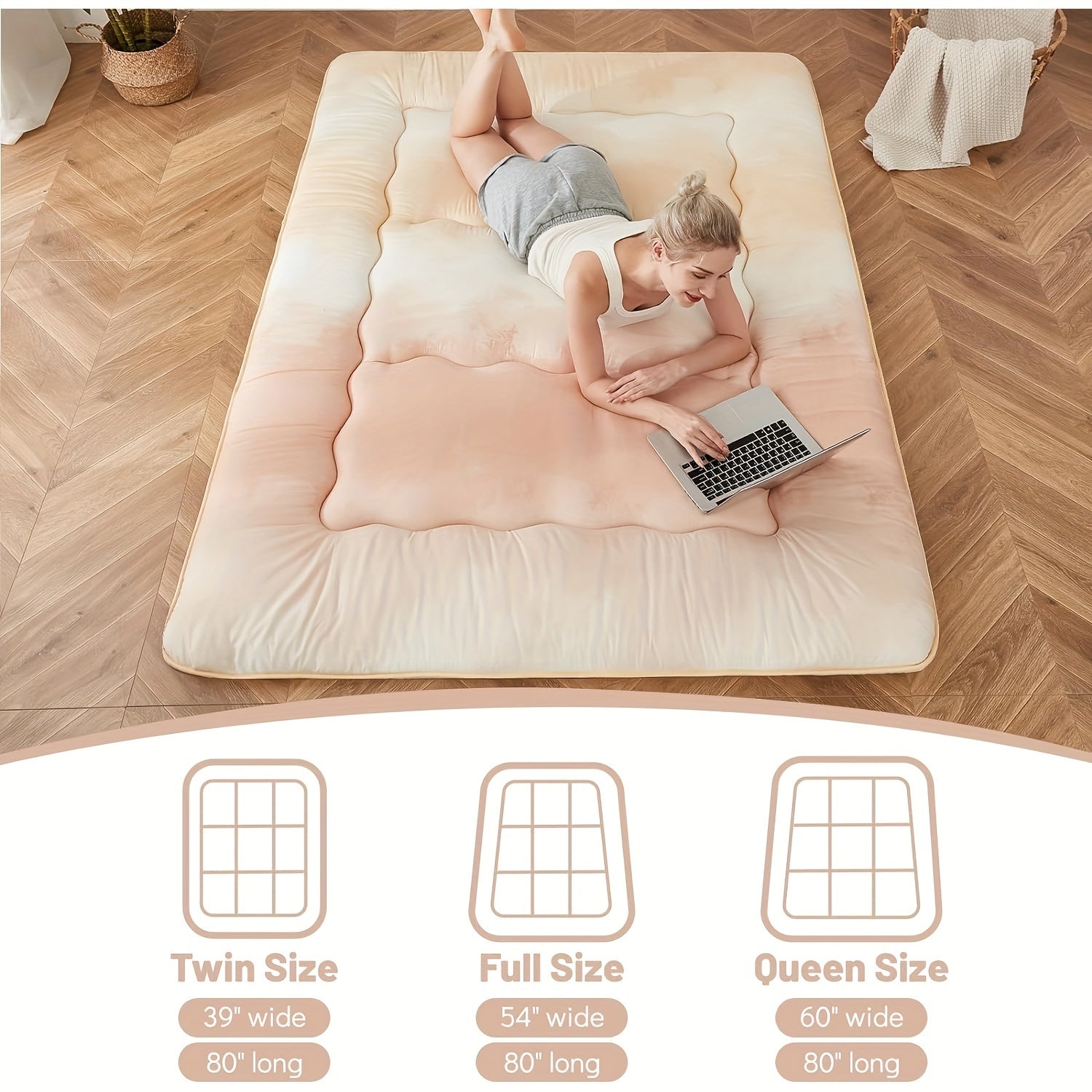 Cream Gradient Japanese Futon Mattress with Portable Storage Bag – Thick Roll-Up Tatami for Camping, Guest Room, or Home Use, Memory Foam Comfort, Hand Wash Only, Versatile Floor Mattress | Modern Aesthetic | Soft Texture Surface