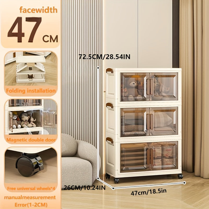 5-Tier Large-Capacity Storage Cabinet with Doors & White\u002FBeige Finish - Heavy-Duty Plastic Stackable Organizer with Cover & Wheels, Space-Saving Modern Wardrobe, Bedroom, Bathroom, Office Furniture - Multi-Purpose Shelving Unit for Home Organization,