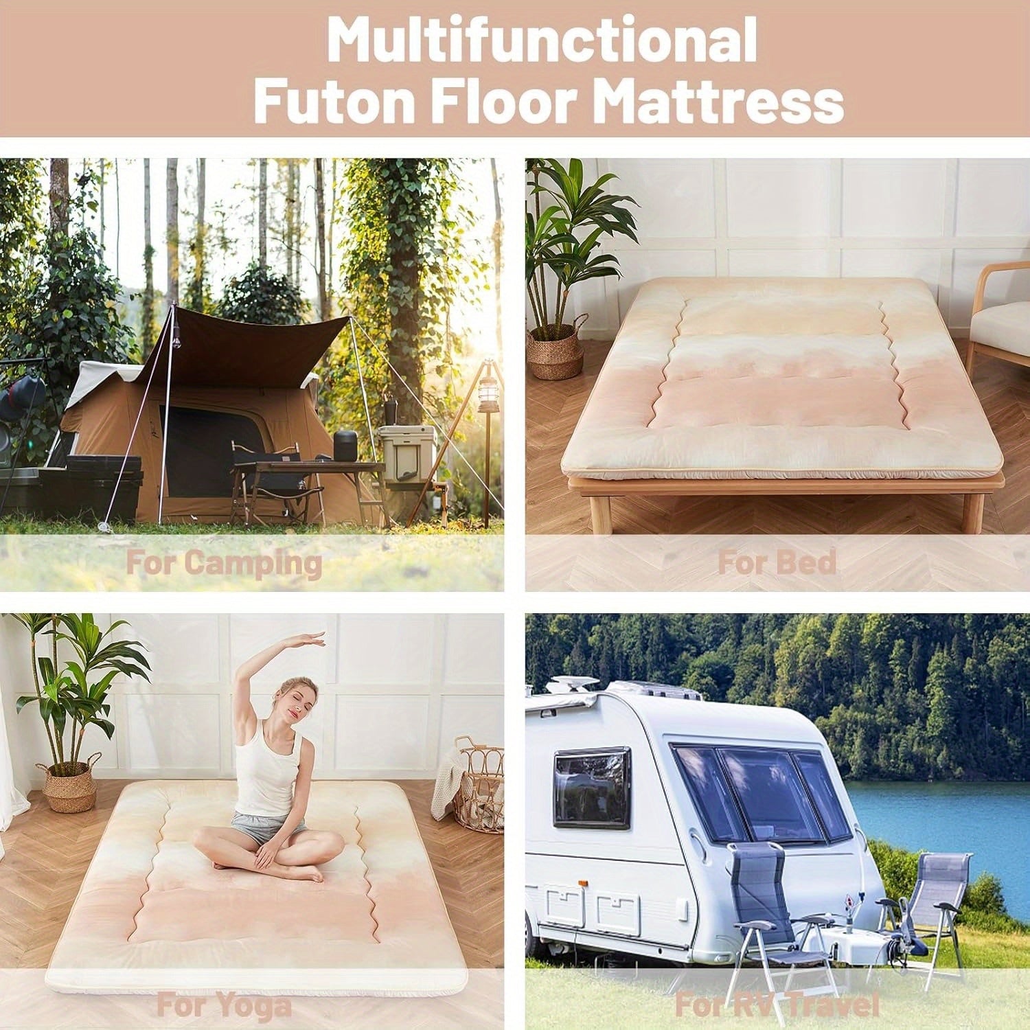 Cream Gradient Japanese Futon Mattress with Portable Storage Bag – Thick Roll-Up Tatami for Camping, Guest Room, or Home Use, Memory Foam Comfort, Hand Wash Only, Versatile Floor Mattress | Modern Aesthetic | Soft Texture Surface