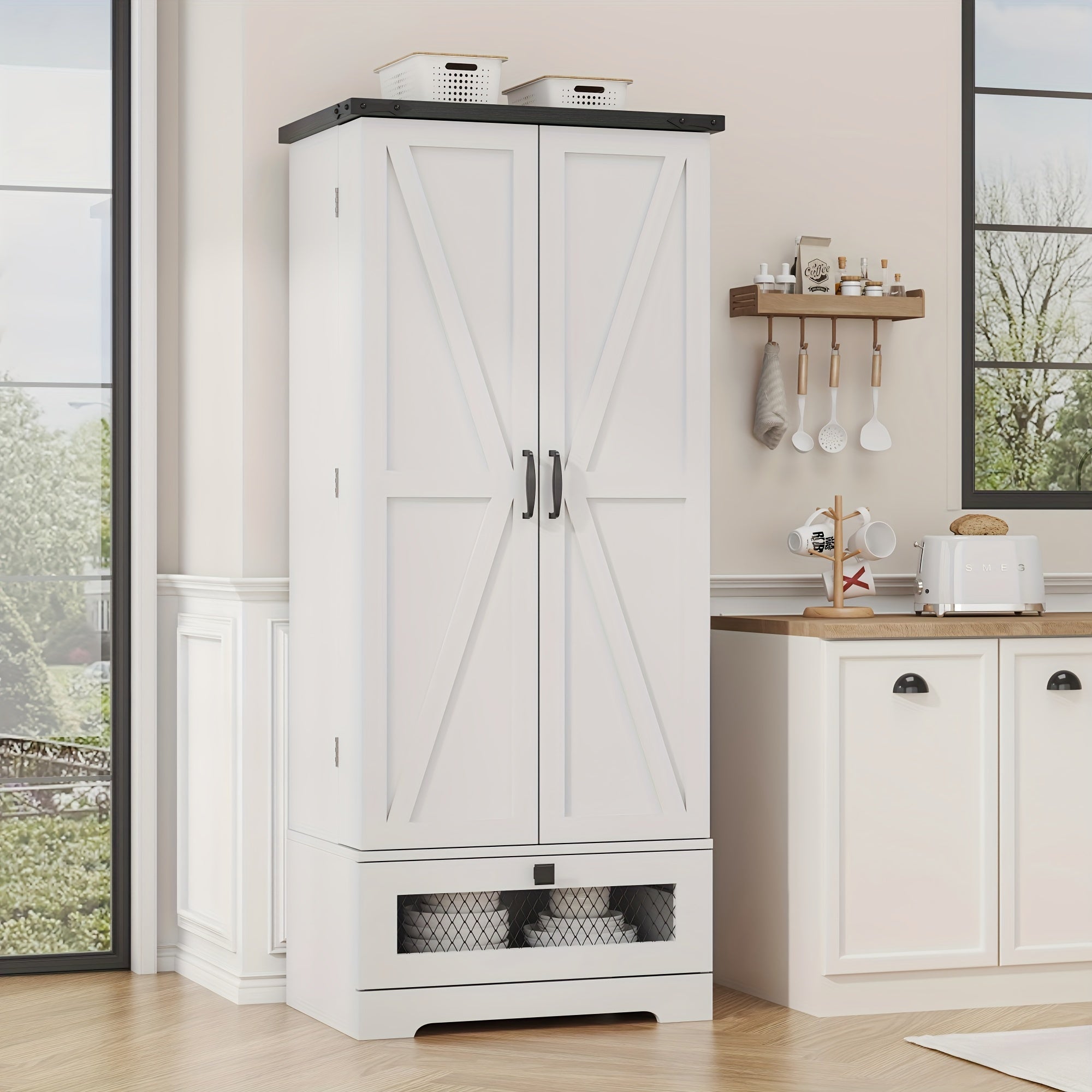 55'' Pantry Cabinet, Kitchen Pantry Storage Cabinet With Adjustable Shelves And Drawer, Wooden Kitchen Storage Cabinet, Buffet Cupboards Cabinet For Kitchen, Living Room, Bathroom, Dining Room, Storage Drawer Units