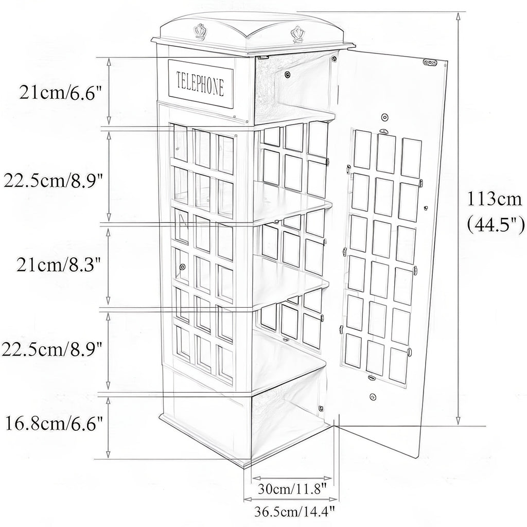 Telephone Booth Bookshelf 5-Tier Wood Cd Storage Cabinet, Floor Standing Bookcase With Acrylic Door, Storage Cabinet Cube Organizer Display Cabinet, 44.5\