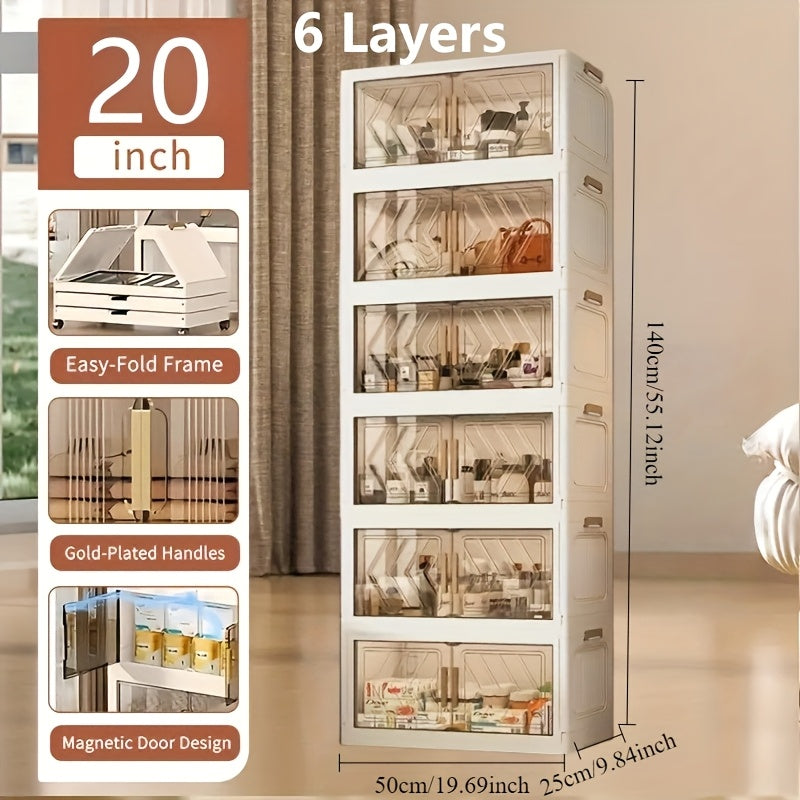 1\u002F2\u002F3\u002F4\u002F5\u002F6-Tier Extra Large Collapsible Storage Cabinet with Locking Doors - Heavy-Duty PVC Plastic Stackable Organizer System with 4-Wheel Mobility, Foldable Design & Front Panels for Closet, Bedroom, Office, Kitchen - Space-Sav