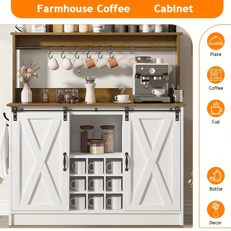 47 Inch Washed Gray, White, Oak Farmhouse Coffee Cabinet, With 9 Racks And 6 Hooks, , Kitchen Coffee Cabinet With Hutch And Sliding Barn Door For Living Dining Room, Washed Gray, White, Oak