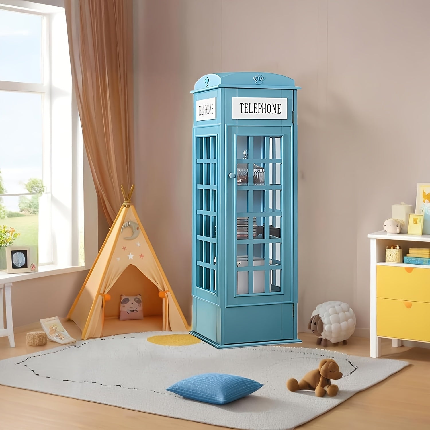 Telephone Booth Bookshelf 5-Tier Wood Cd Storage Cabinet, Floor Standing Bookcase With Acrylic Door, Storage Cabinet Cube Organizer Display Cabinet, 44.5\