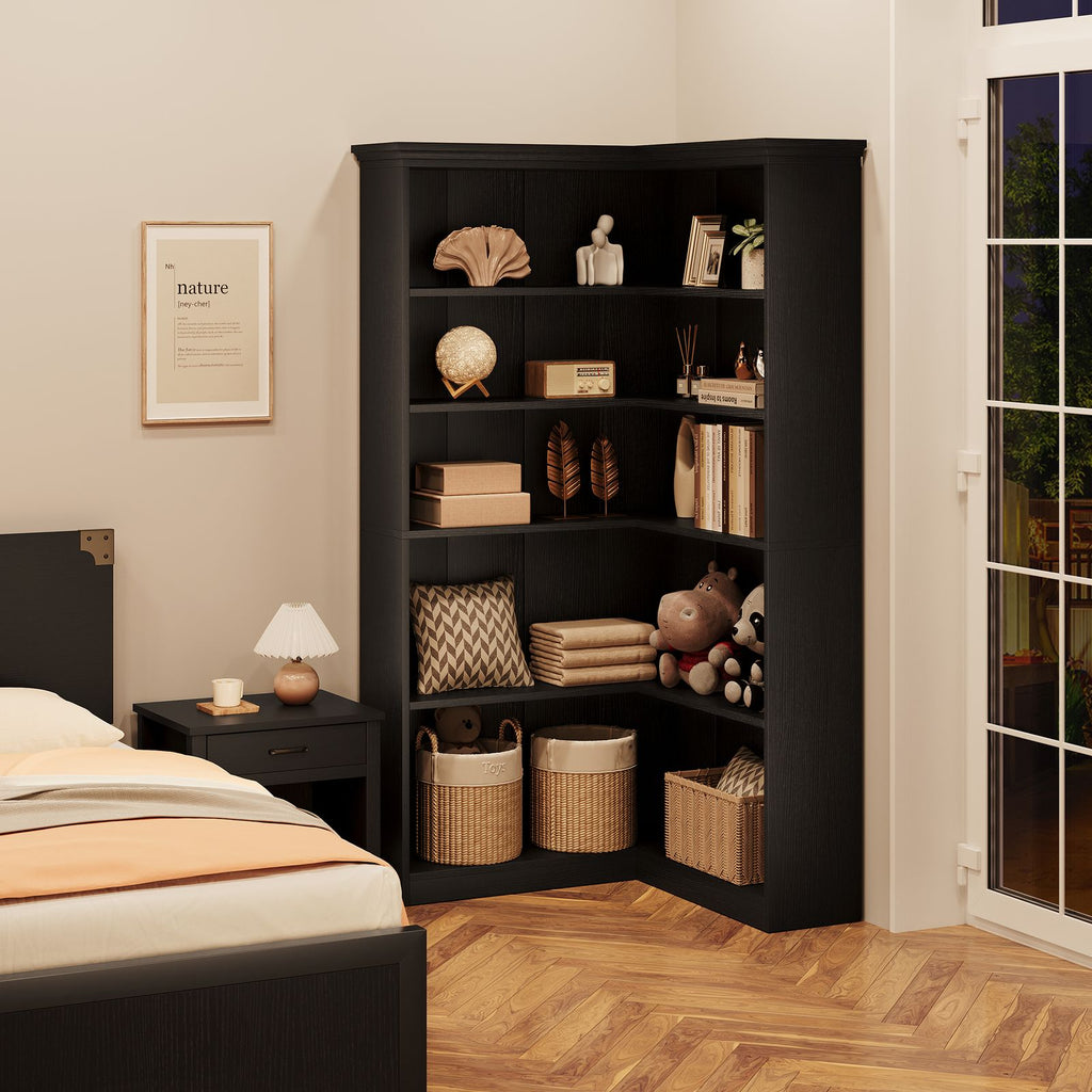 Heavy-Duty Corner Panel Bookcase - Black Modern L-Shaped Bookshelf with Curved Shelves, Space-Saving Freestanding Storage Shelf for Home Office, Living Room, Study - Easy Assembly, Sturdy Shelf Organizer (27\