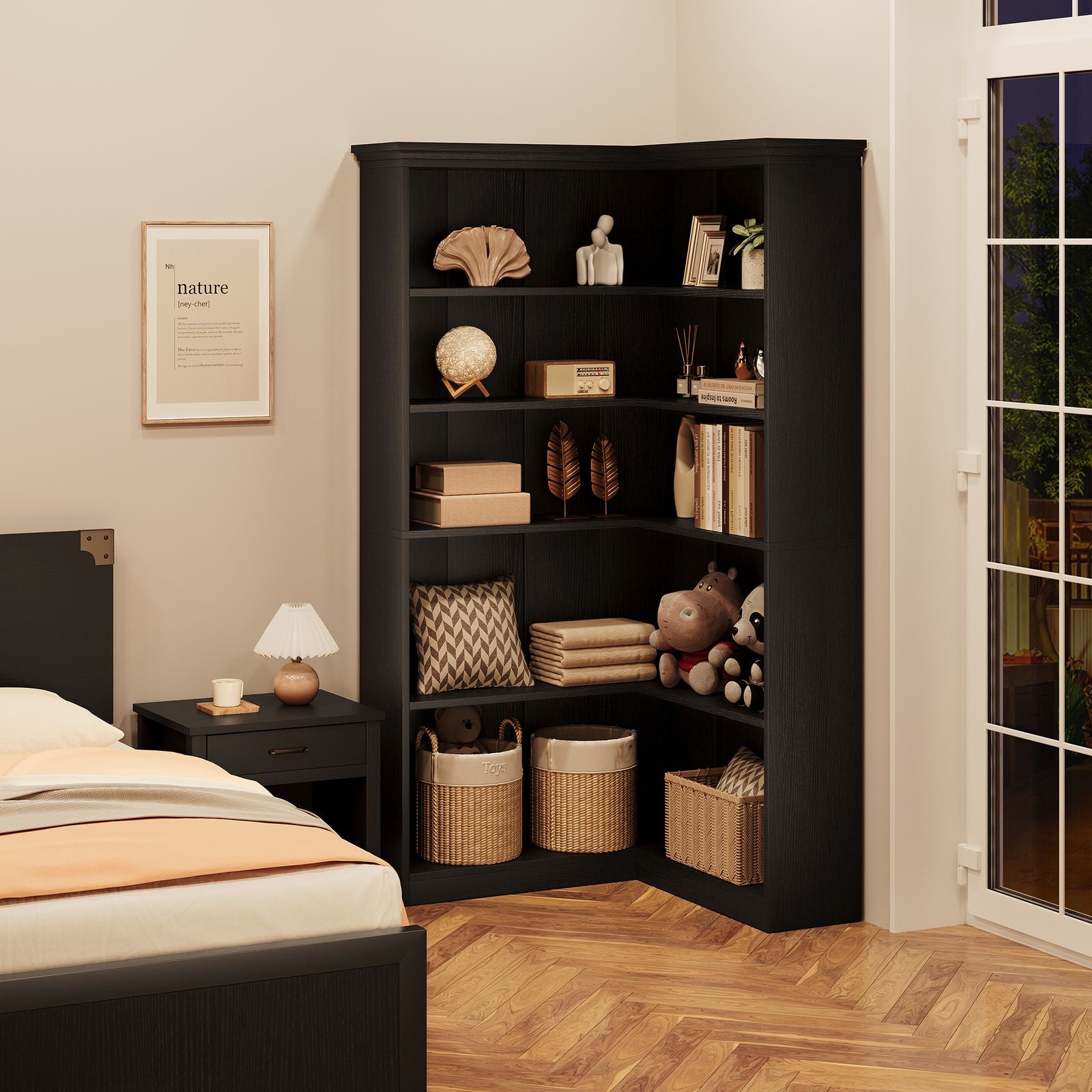 Heavy-Duty Corner Panel Bookcase - Black Modern L-Shaped Bookshelf with Curved Shelves, Space-Saving Freestanding Storage Shelf for Home Office, Living Room, Study - Easy Assembly, Sturdy Shelf Organizer (27\