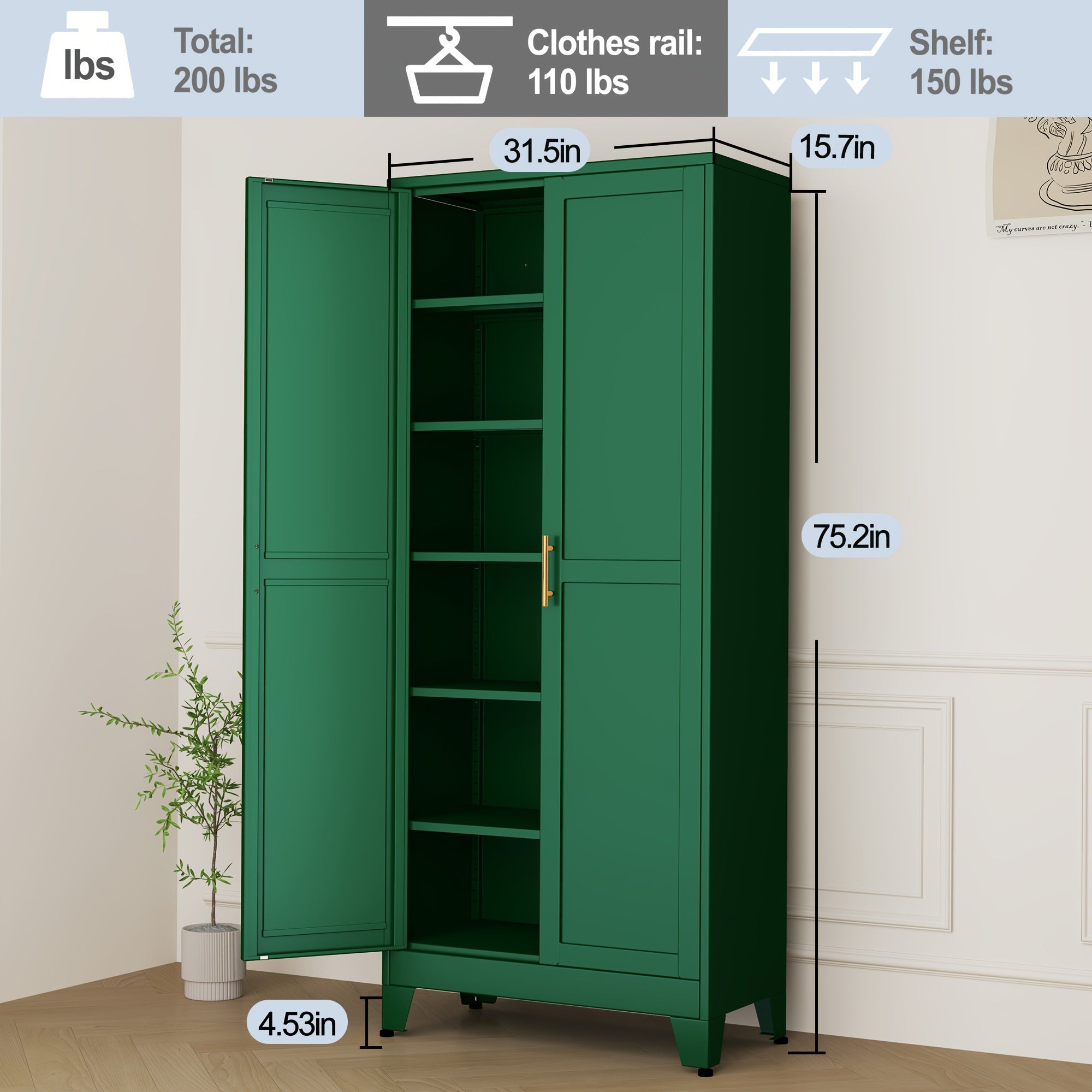 Mxa Pantry Cabinet with Adjustable Shelves, Two Doors Kitchen Metal Storage Cabinet with Golden Handle, Kitchen Pantry Cabinets Storage with Storage Space for Living Room, Bedroom, Kitchen, Dining Room and Home Office, Kitchen Pantry Cabinet, Kitchen Pant