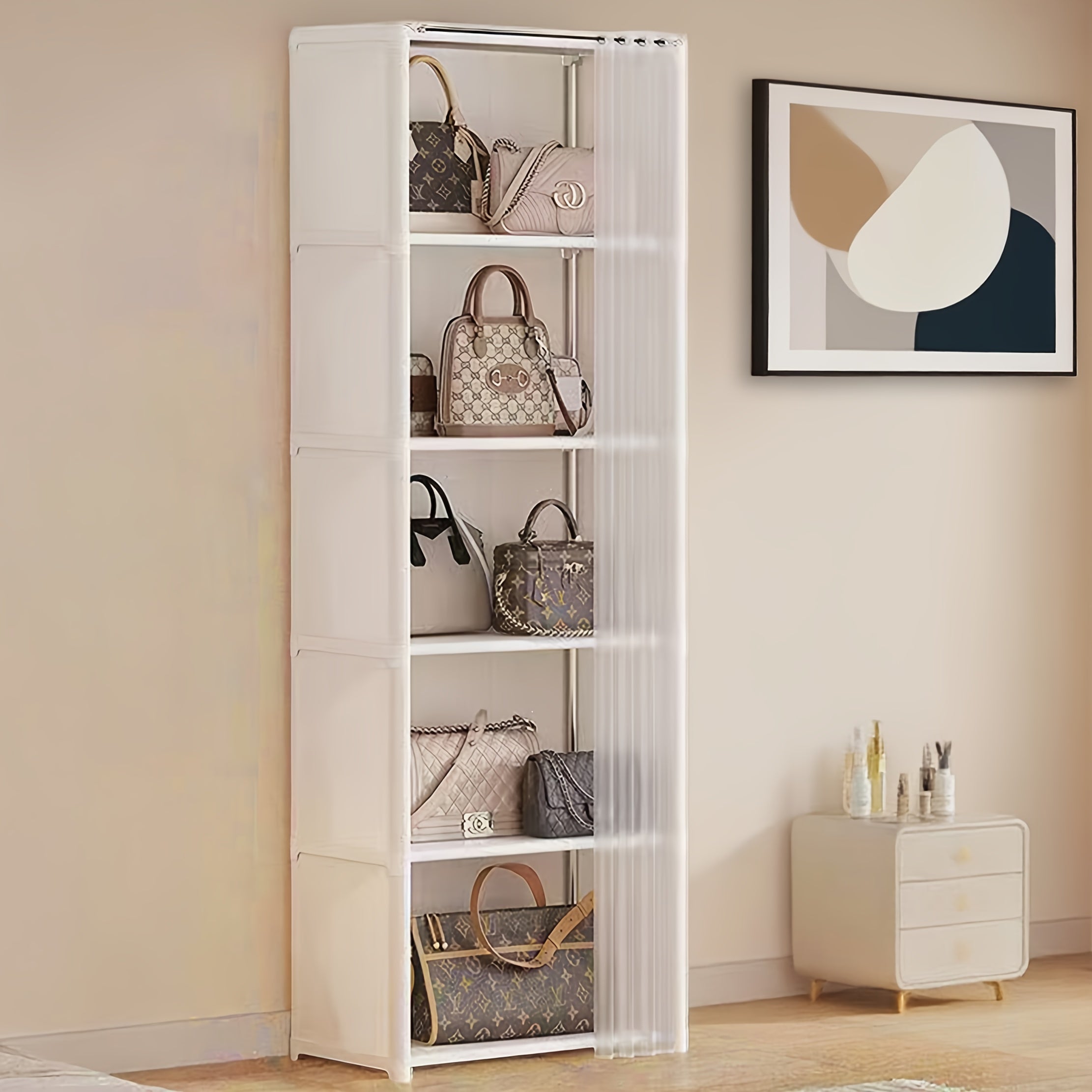 Multi-Layer Bag Storage Cabinet - Large Capacity Dustproof Organizer with Transparent Doors, No Assembly Required, Durable Plastic Freestanding Storage Unit for Home, Bedroom, Office - Space-Saving Vertical Design, White\u002FBlack, Bag Storage Organizer,