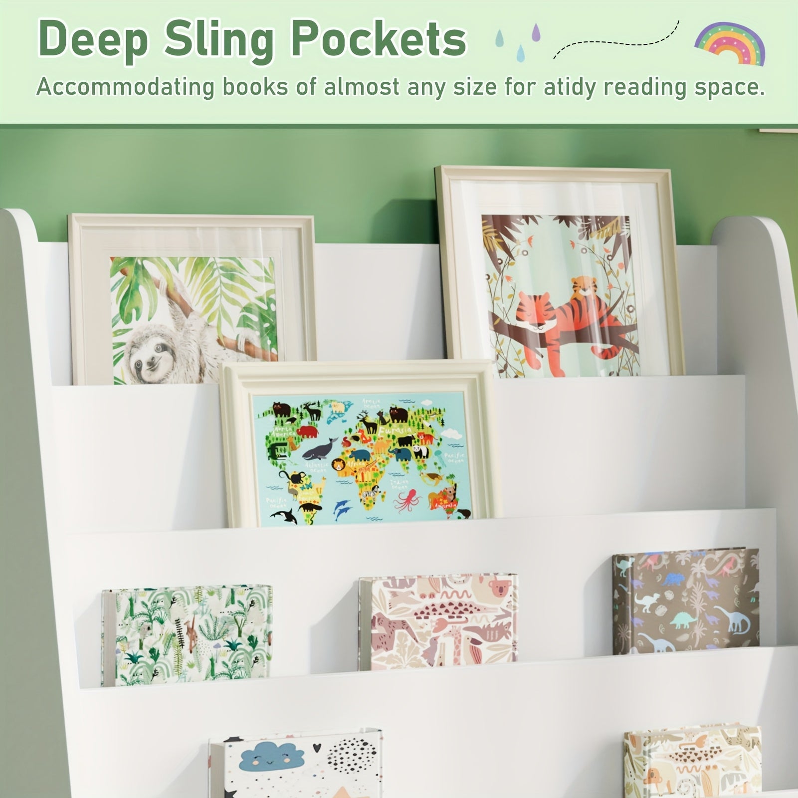 A Six-Tier Wooden Bookshelf with Storage Cabinets, Suitable for Displaying Toys And Books in Rooms, Nurseries, Playrooms, And Classrooms, in White., Classroom Storage | Minimalist Bookshelf | Metal Construction