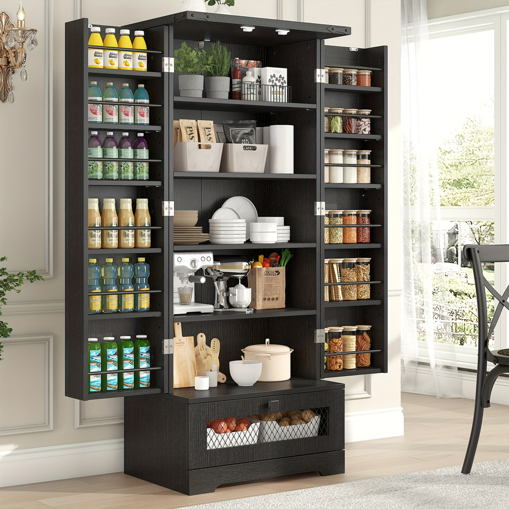 55'' Pantry Cabinet, Kitchen Pantry Storage Cabinet With Adjustable Shelves And Drawer, Wooden Kitchen Storage Cabinet, Buffet Cupboards Cabinet For Kitchen, Living Room, Bathroom, Dining Room, Storage Drawer Units