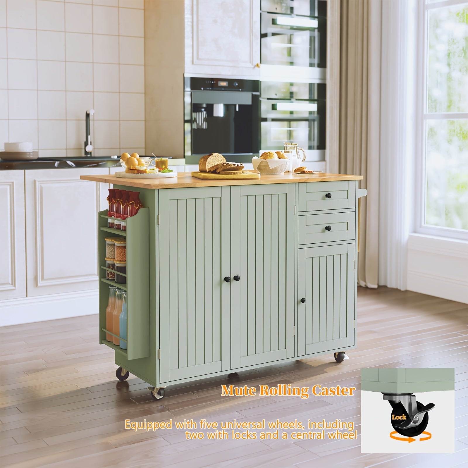 Modern Mobile Kitchen Island Cart with Extendable Drop Leaf Breakfast Bar, Locking Wheels, Storage Cabinet, Drawer & Open Shelves - Heavy-Duty Rolling Kitchen Cabinet with Spice Rack, Towel Rack - Space-Saving Design for Small Kitchens, Apartments, Dining