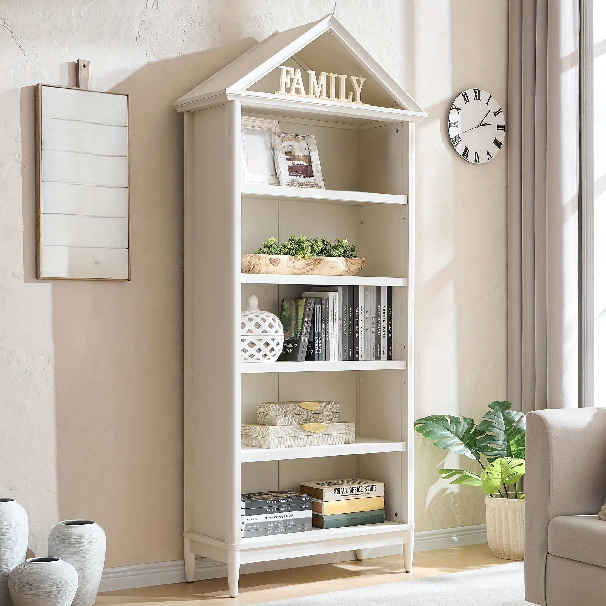 Modern Geometric Bookshelf Modern Geometric 75.9-Inch Tall Slanted Arch Bookshelf | Adjustable Shelves, Triangular Top Wooden Bookcase with Open Display Shelf - Suitable for Living Room