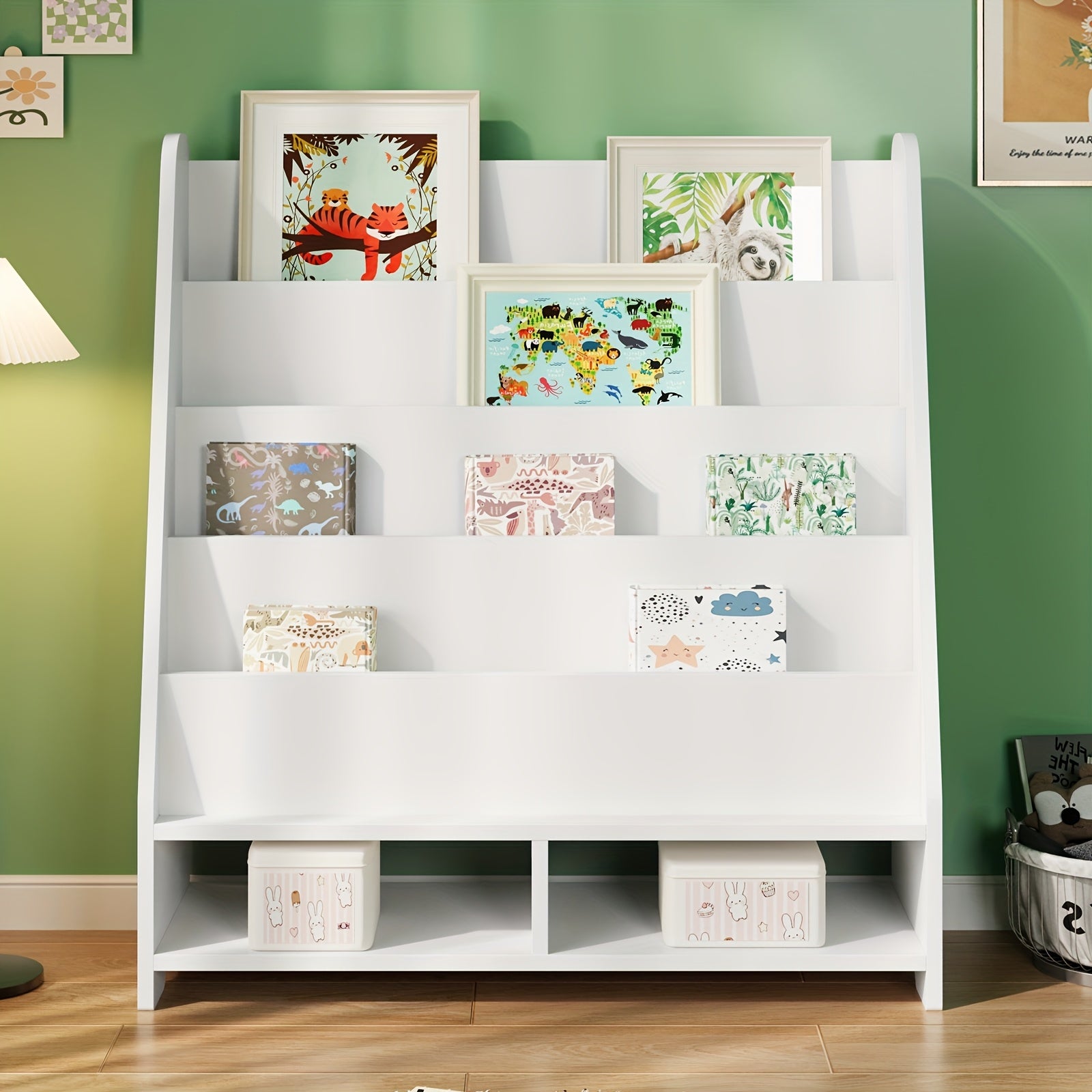 A Six-Tier Wooden Bookshelf with Storage Cabinets, Suitable for Displaying Toys And Books in Rooms, Nurseries, Playrooms, And Classrooms, in White., Classroom Storage | Minimalist Bookshelf | Metal Construction