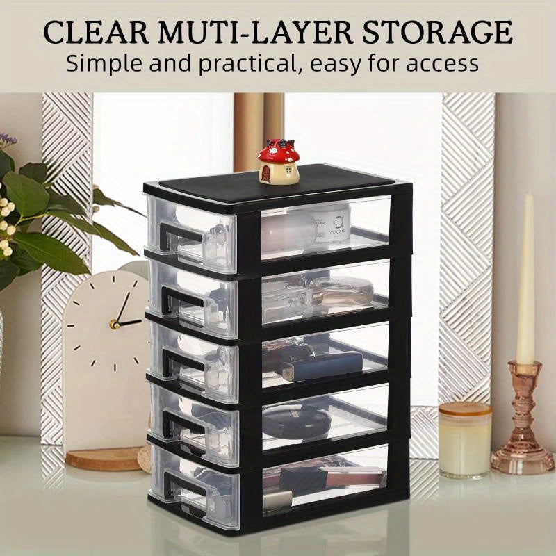 Black and Transparent Multifunctional 5-Layer Plastic Locker with Drawers - Waterproof and Dustproof Home Office Organizer