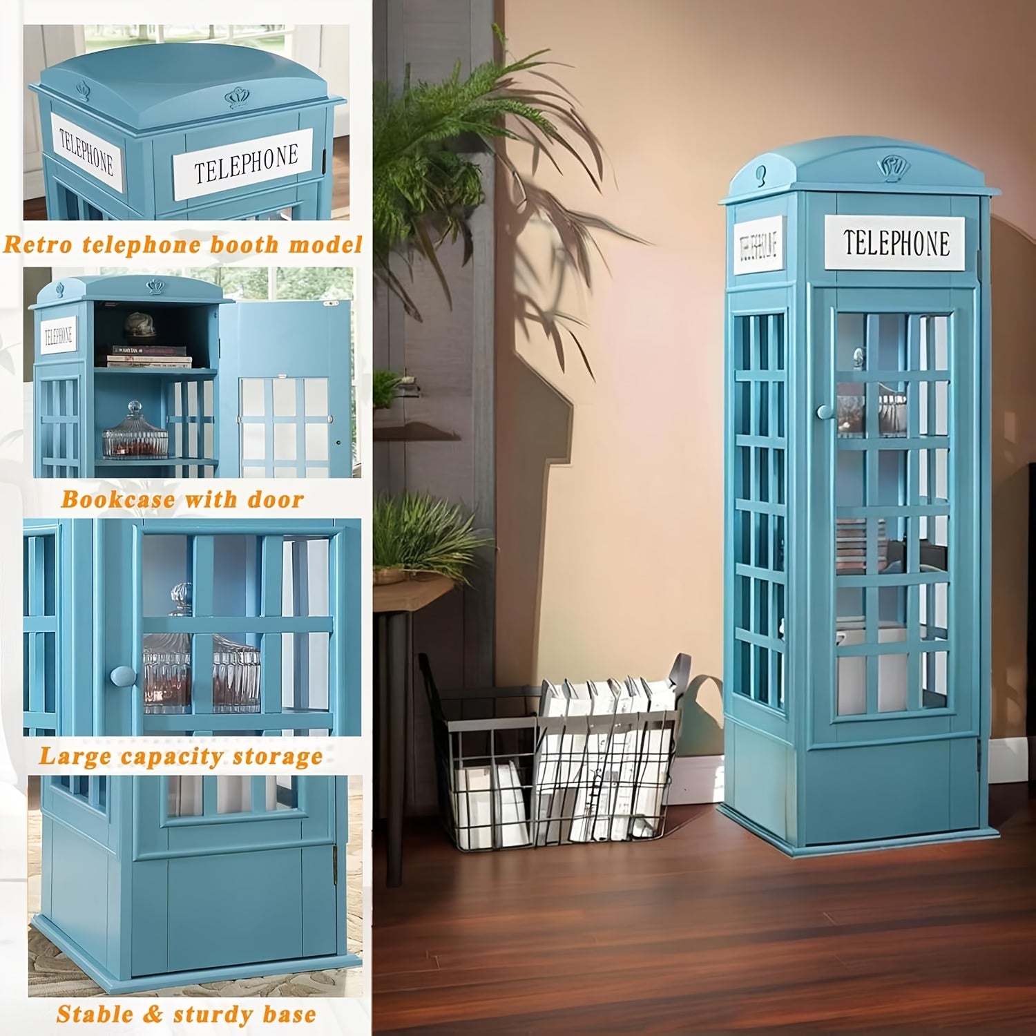 Telephone Booth Bookshelf 5-Tier Wood Cd Storage Cabinet, Floor Standing Bookcase With Acrylic Door, Storage Cabinet Cube Organizer Display Cabinet, 44.5\