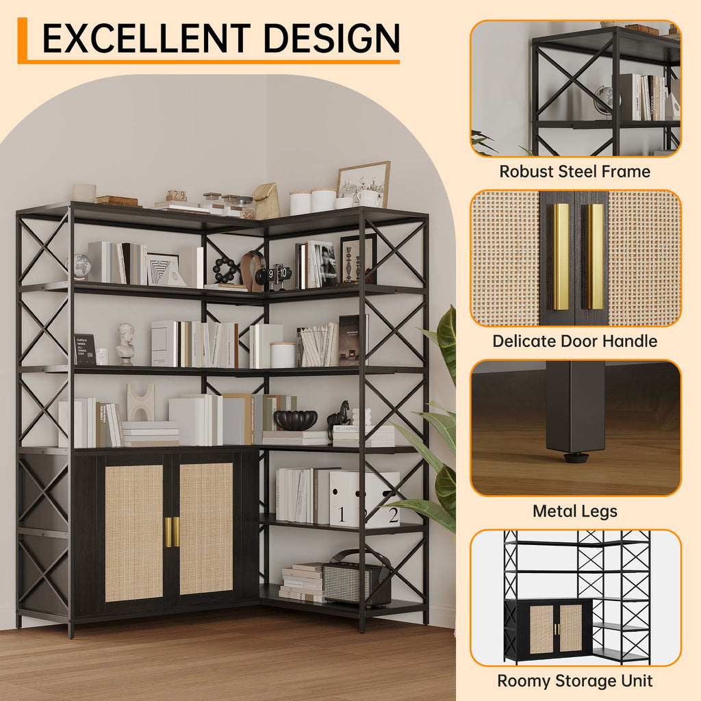 6-Shelf Corner Bookshelf, L-Shaped Space-Saving Bookcase with 2 Rattan Doors & Adjustable Shelves - Solid, Freestanding Corner Cabinet for Living Room, Bedroom, Home Office - Easy Assembly ( Wood Tone)