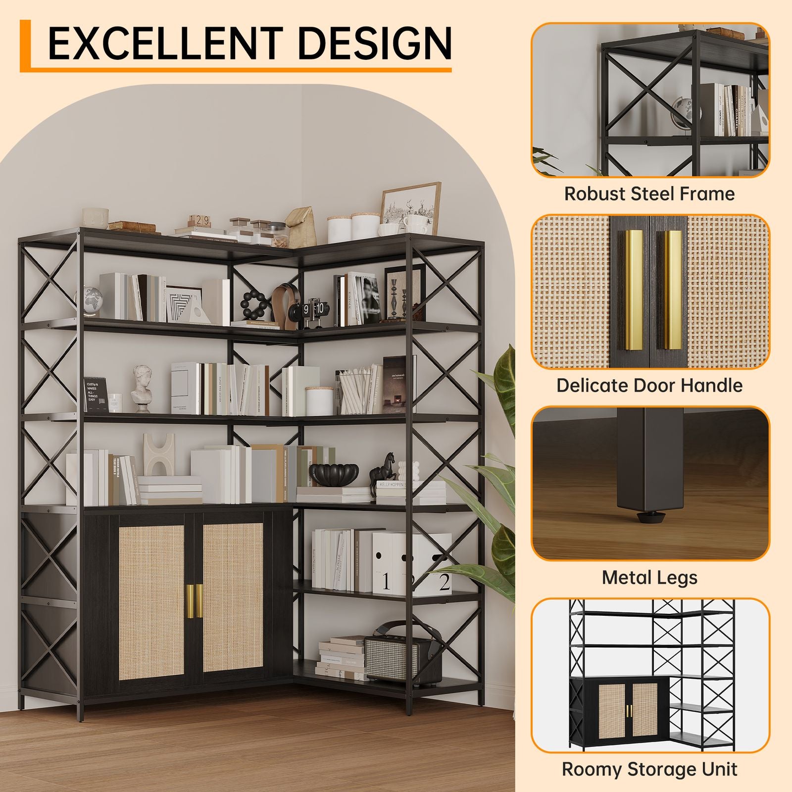 6-Shelf Corner Bookshelf, L-Shaped Space-Saving Bookcase with 2 Rattan Doors & Adjustable Shelves - Solid, Freestanding Corner Cabinet for Living Room, Bedroom, Home Office - Easy Assembly ( Wood Tone)