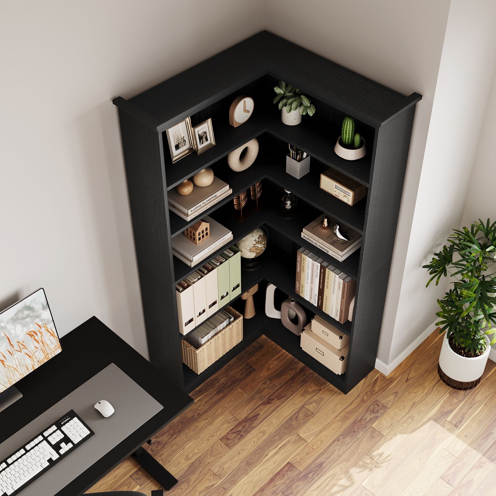 Heavy-Duty Corner Panel Bookcase - Black Modern L-Shaped Bookshelf with Curved Shelves, Space-Saving Freestanding Storage Shelf for Home Office, Living Room, Study - Easy Assembly, Sturdy Shelf Organizer (27\