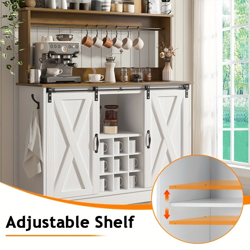 47 Inch Washed Gray, White, Oak Farmhouse Coffee Cabinet, With 9 Racks And 6 Hooks, , Kitchen Coffee Cabinet With Hutch And Sliding Barn Door For Living Dining Room, Washed Gray, White, Oak