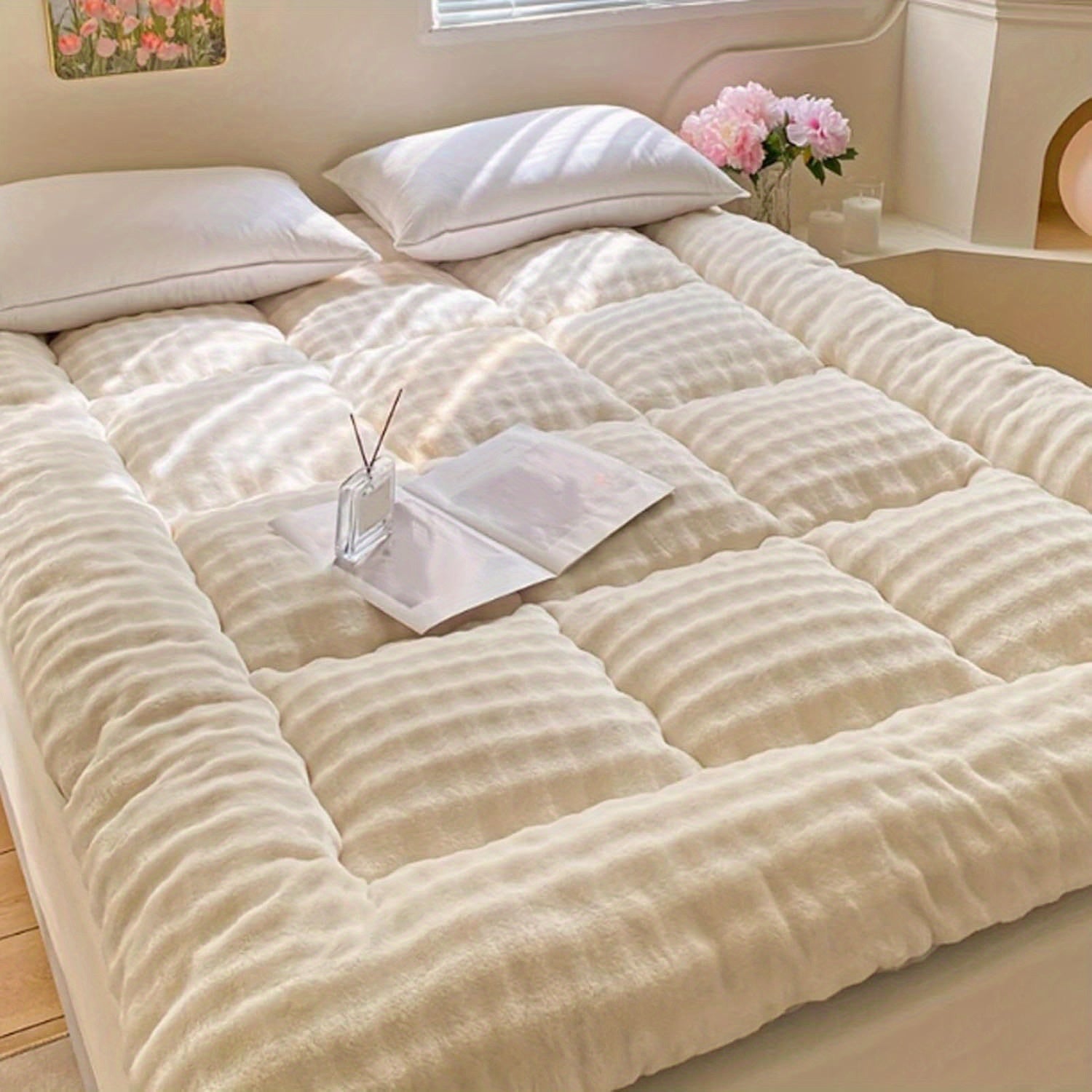 OASKYS Japanese Floor Mattress - Super Soft Velvet Foldable Roll-Up Tatami Mat, Thickened Comfortable Sleeping Pad for Dorm, Machine Washable, White & Gray Design, Dorm Room Bedding, Cozy Bedding, Highquality Bedding, OASKYS