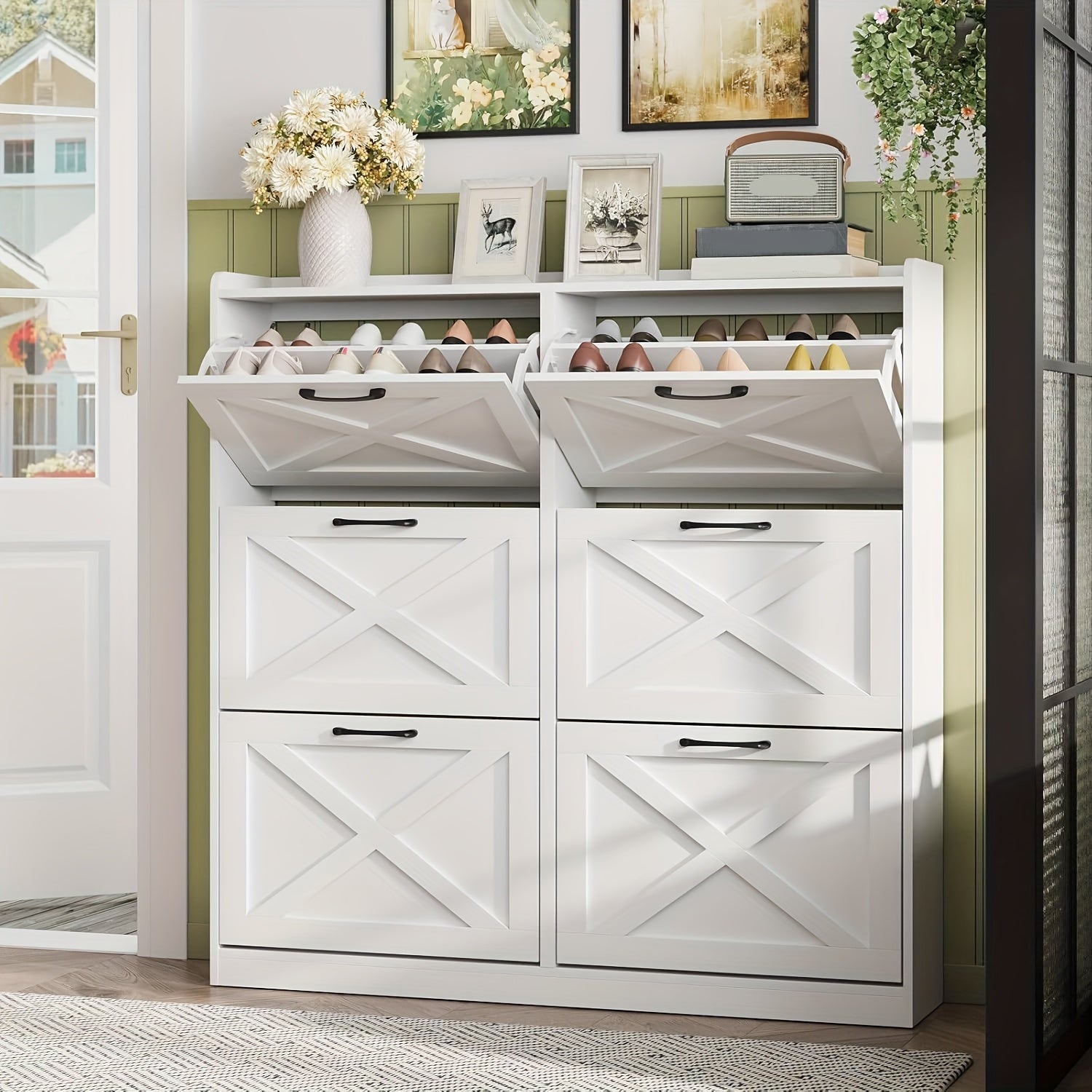 Washed Gray Shoe Storage Cabinet With 6 Flip Drawers - Narrow Freestanding Shoe Cabinet And Shoe Storage Organizer With Metal Handles For Entryway, Large Shoe Rack Organizer, Modern Farmhouse Shoe Rack, Ideal For Shoe Racks