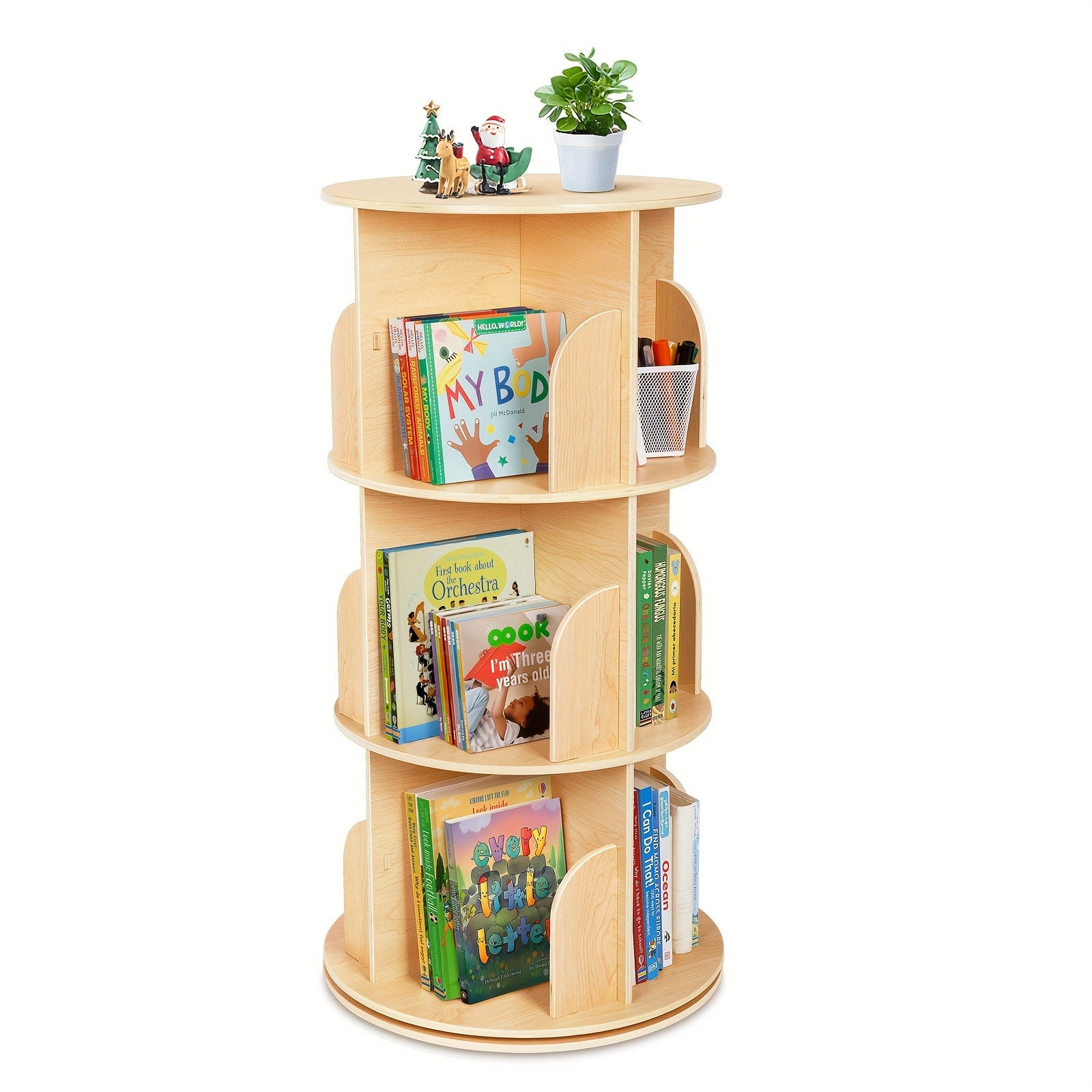 Kids Rotating Bookshelf Tower with 360° Spin, Large Floor-Standing Bookcase with Corner Shelf for Nursery, Room, Small Spaces - Easy Assembly, Wood Color, Plywood\u002FPine\u002FMDF, - Rounded Edges