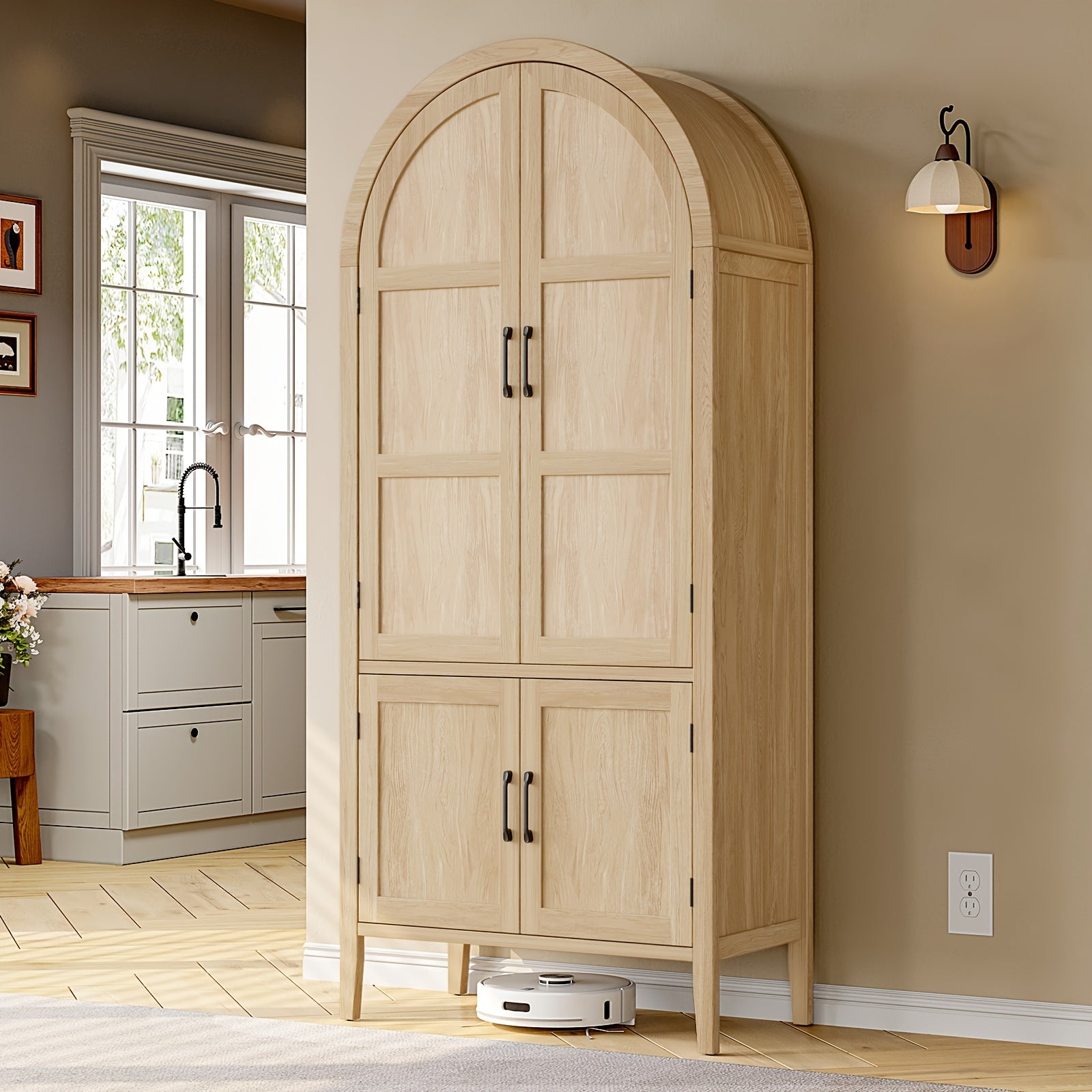 71 Inch Tall Arched Kitchen Pantry Cabinet, Modern Farmhouse Wooden Kitchen Storage Cabinet with Doors And Shelves with Adjustable Feet for Kitchen, Dining Room, Living Room, Oak, Black, Off-White, Kitchen Cabinets, Pantry Cabinet for Kitchen