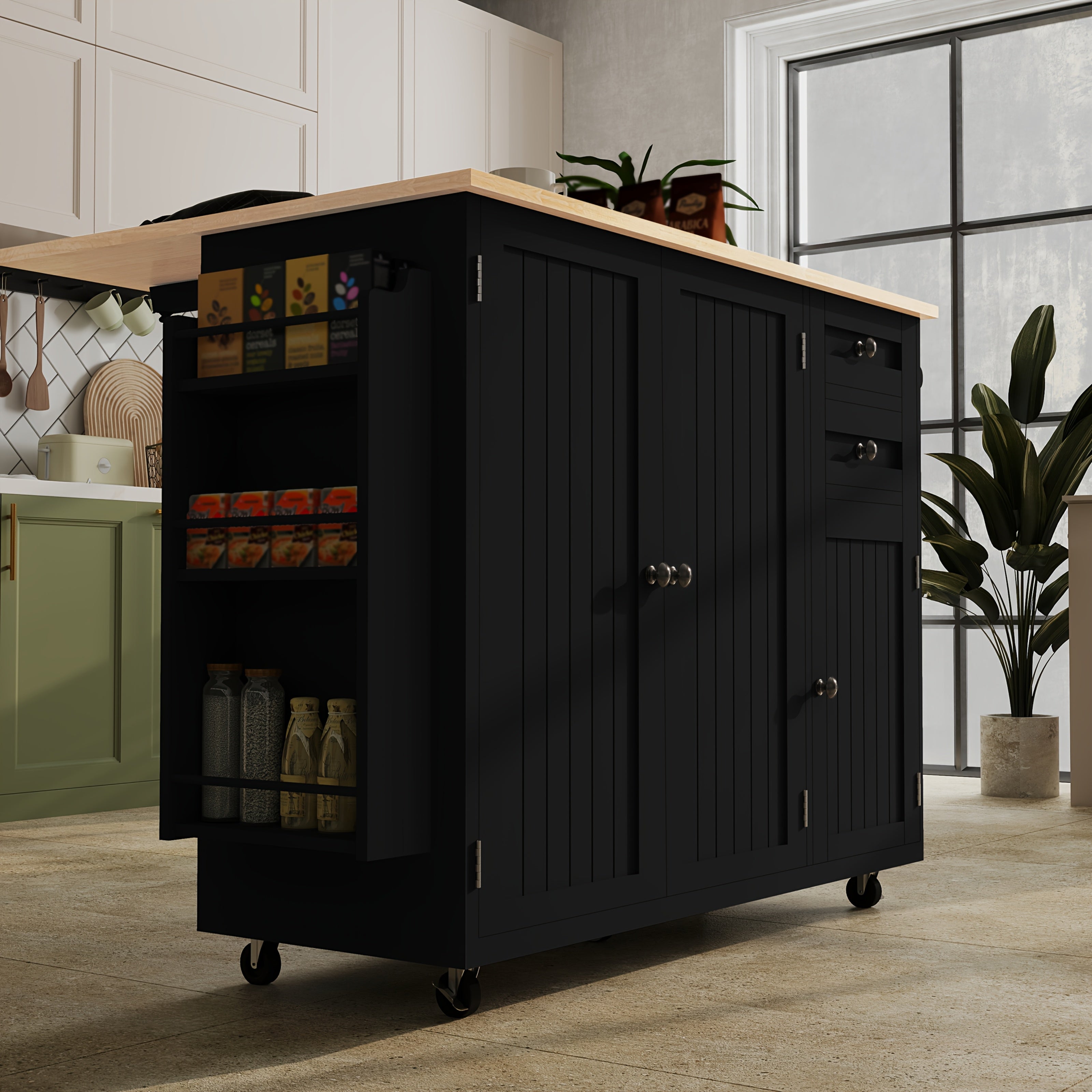 Modern Mobile Kitchen Island Cart with Extendable Drop Leaf Breakfast Bar, Locking Wheels, Storage Cabinet, Drawer & Open Shelves - Heavy-Duty Rolling Kitchen Cabinet with Spice Rack, Towel Rack - Space-Saving Design for Small Kitchens, Apartments, Dining