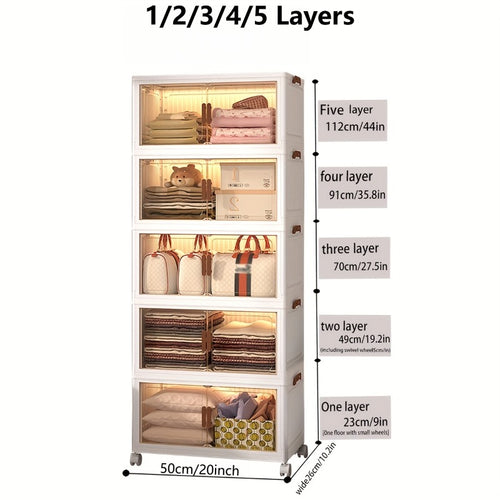 1\u002F2\u002F3\u002F4\u002F5\u002F6-Tier Extra Large Collapsible Storage Cabinet with Locking Doors - Heavy-Duty PVC Plastic Stackable Organizer System with 4-Wheel Mobility, Foldable Design & Front Panels for Closet, Bedroom, Office, Kitchen - Space-Sav