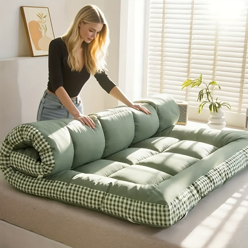 1pc 1200gsm Roll Up Mattress, Blue Green Pink Topper - 3.15-3.94inch Thick Quilted Bed Topper With Checkered Border, Thick Tatami Mat Sleeping Pad, Machine Washable, For Sofa Bed, Guest Room, Home Decor, Sofa Bed Mattress, Best Gifts For Family