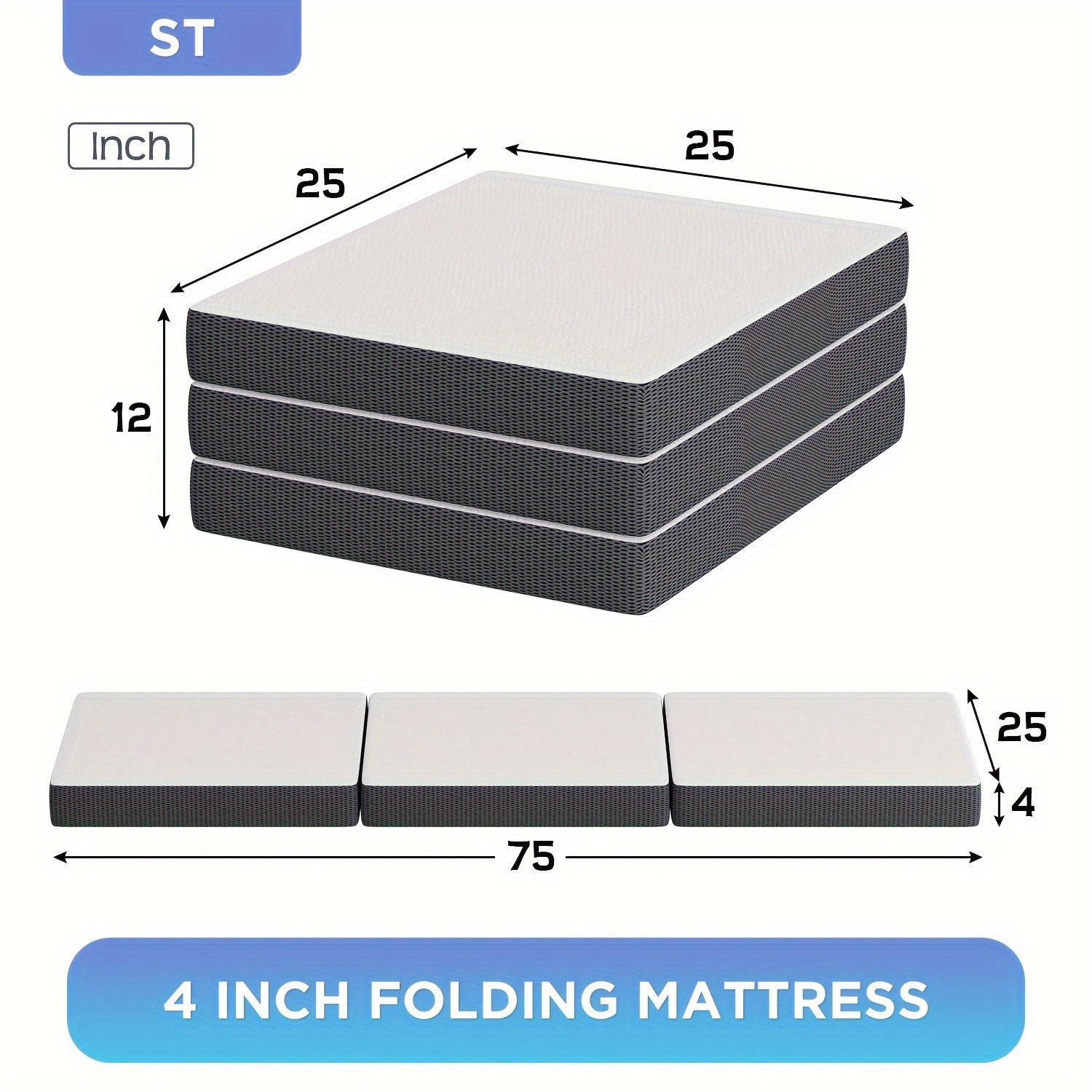 4 Inch Tri Fold Folding Mattress Memory Foam Mattress Topper Portable Foldable Mattress Topper For Camping, Guest, Floor RV, CertiPUR-US Certified, With Washable Cover, Easy Storage