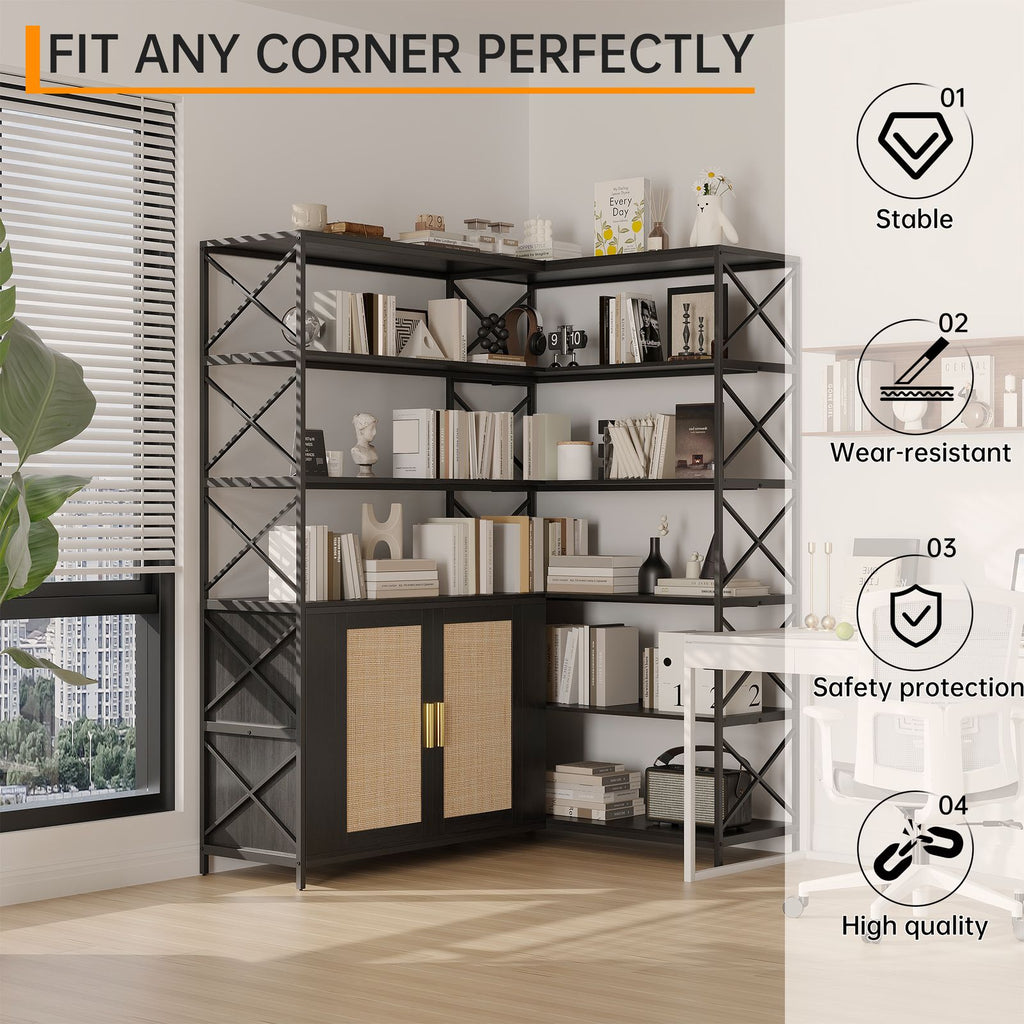 6-Shelf Corner Bookshelf, L-Shaped Space-Saving Bookcase with 2 Rattan Doors & Adjustable Shelves - Solid, Freestanding Corner Cabinet for Living Room, Bedroom, Home Office - Easy Assembly ( Wood Tone)