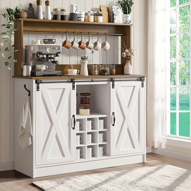 47 Inch Washed Gray, White, Oak Farmhouse Coffee Cabinet, With 9 Racks And 6 Hooks, , Kitchen Coffee Cabinet With Hutch And Sliding Barn Door For Living Dining Room, Washed Gray, White, Oak