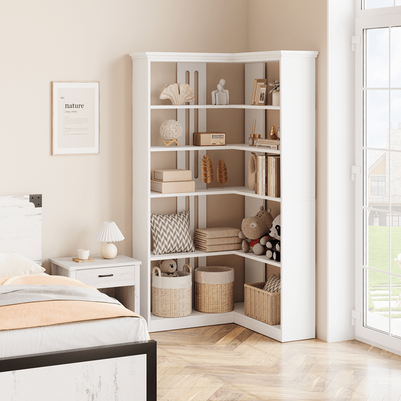 L Shaped Corner Bookshelf 5 Tier Large Wood Display Bookshelf 90° Corner Standing Bookcase