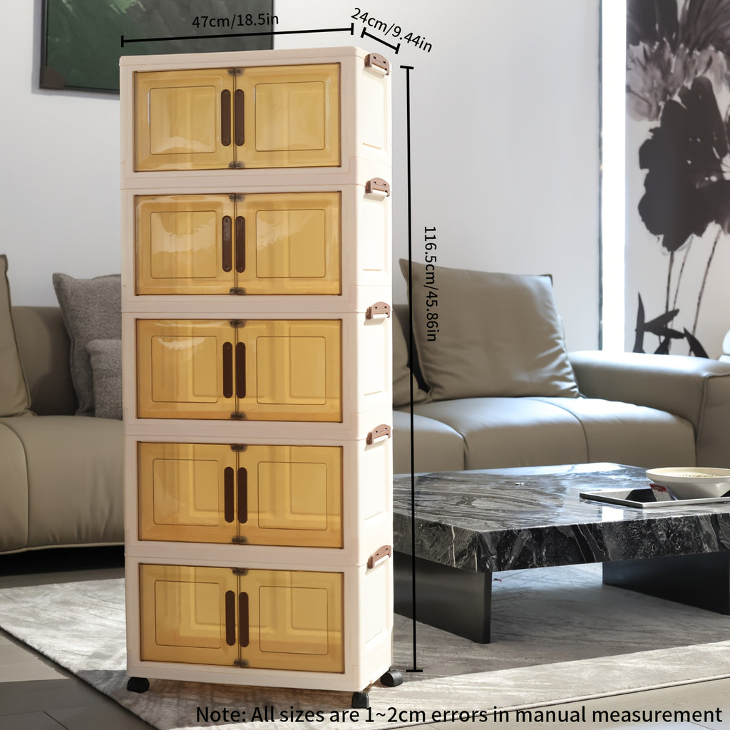 5-Tier Large-Capacity Storage Cabinet with Doors & White\u002FBeige Finish - Heavy-Duty Plastic Stackable Organizer with Cover & Wheels, Space-Saving Modern Wardrobe, Bedroom, Bathroom, Office Furniture - Multi-Purpose Shelving Unit for Home Organization,