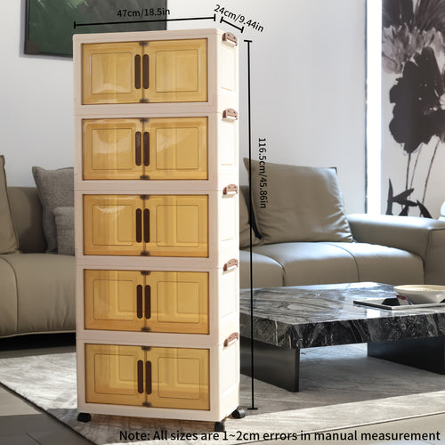 5-Tier Large-Capacity Storage Cabinet with Doors & White\u002FBeige Finish - Heavy-Duty Plastic Stackable Organizer with Cover & Wheels, Space-Saving Modern Wardrobe, Bedroom, Bathroom, Office Furniture - Multi-Purpose Shelving Unit for Home Organization,