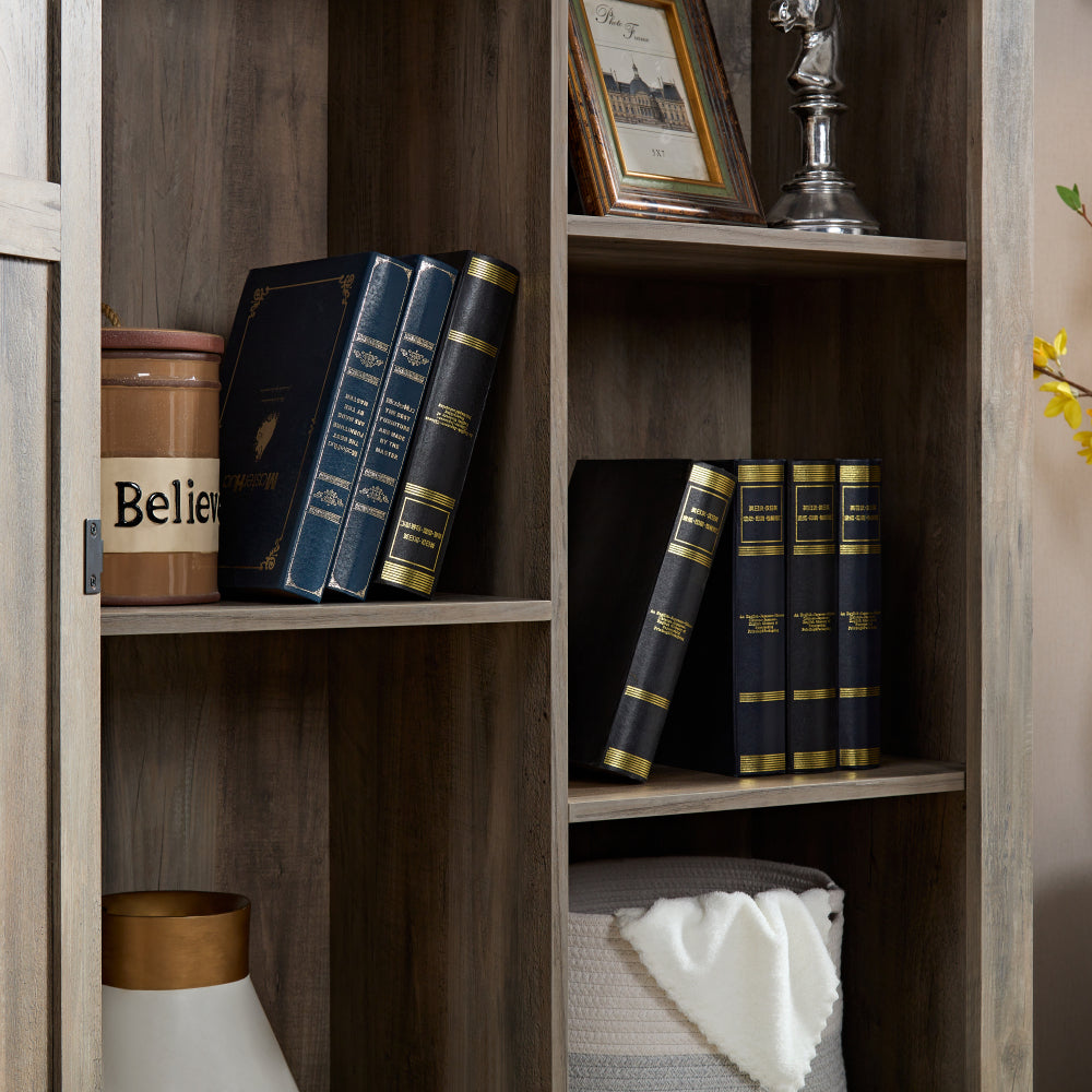 Large Rustic Farmhouse Tall Storage Cabinet with Barn Door - Solid Wood, Adjustable Shelves & X-Design Doors, Gray Wash White Oak Pantry Cupboard, 39.37\