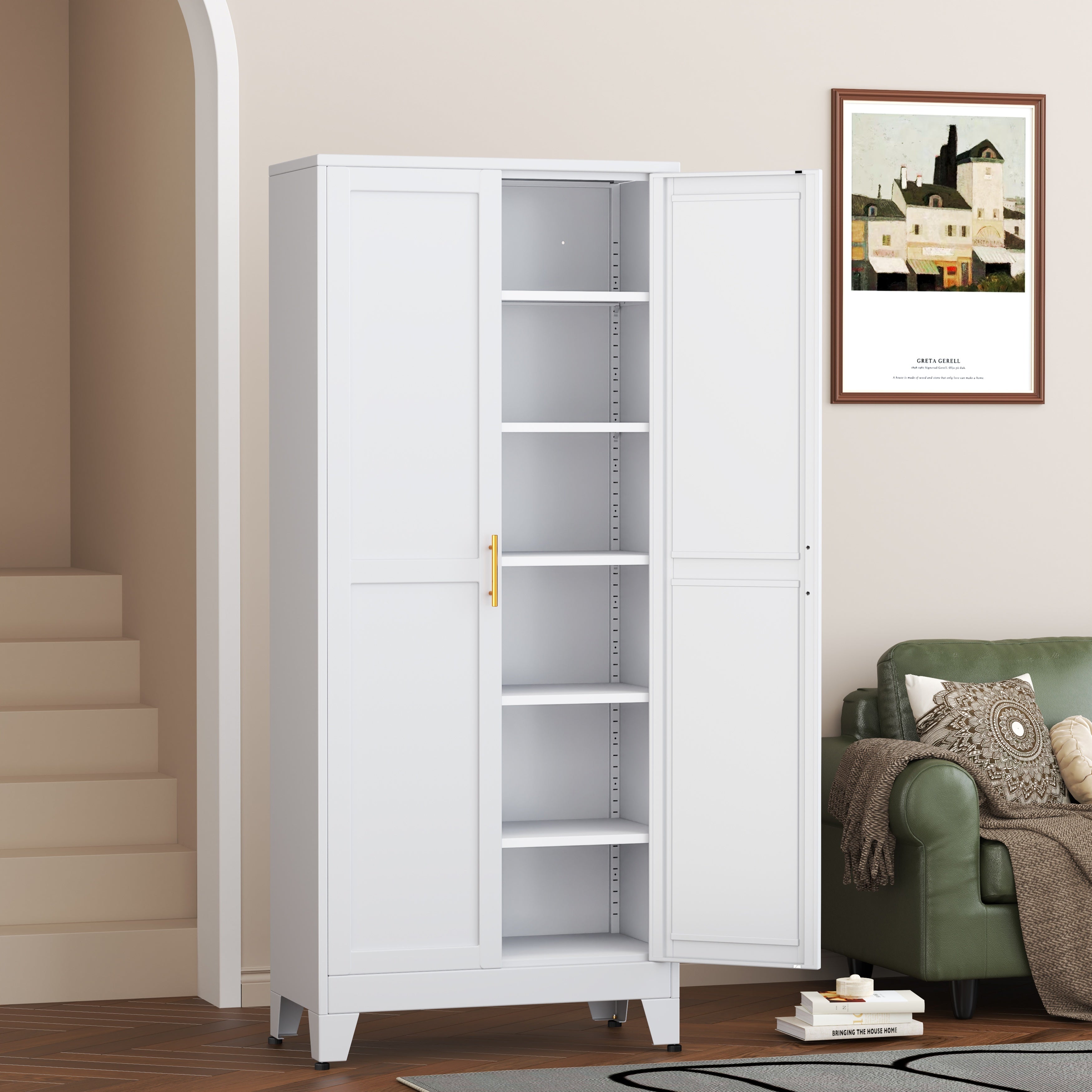 Mxa Pantry Cabinet with Adjustable Shelves, Two Doors Kitchen Metal Storage Cabinet with Golden Handle, Kitchen Pantry Cabinets Storage with Storage Space for Living Room, Bedroom, Kitchen, Dining Room and Home Office, Kitchen Pantry Cabinet, Kitchen Pant